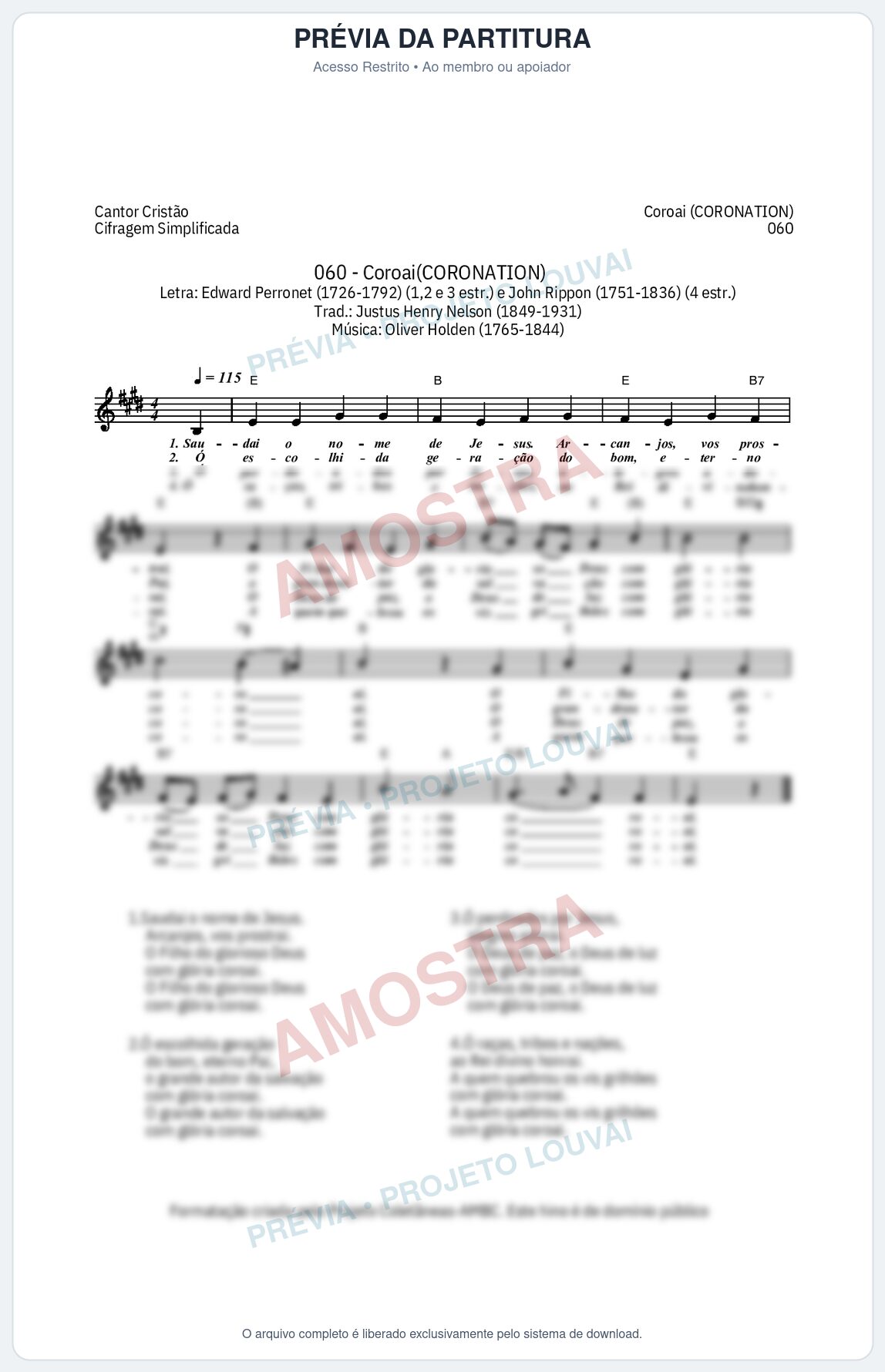 Prévia protegida da primeira página da partitura Partitura da música Coroai (Cantor Cristão nº 60) - Cantor Cristão - Tom E