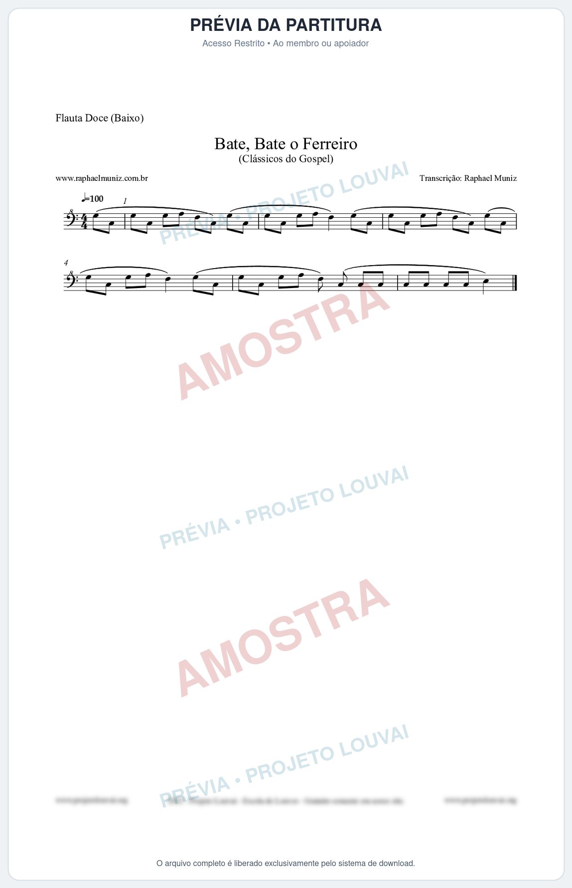 Prévia protegida da primeira página da partitura Partitura para Flauta Doce (Baixo) - Bate, Bate o Ferreiro - Folclore Brasileiro