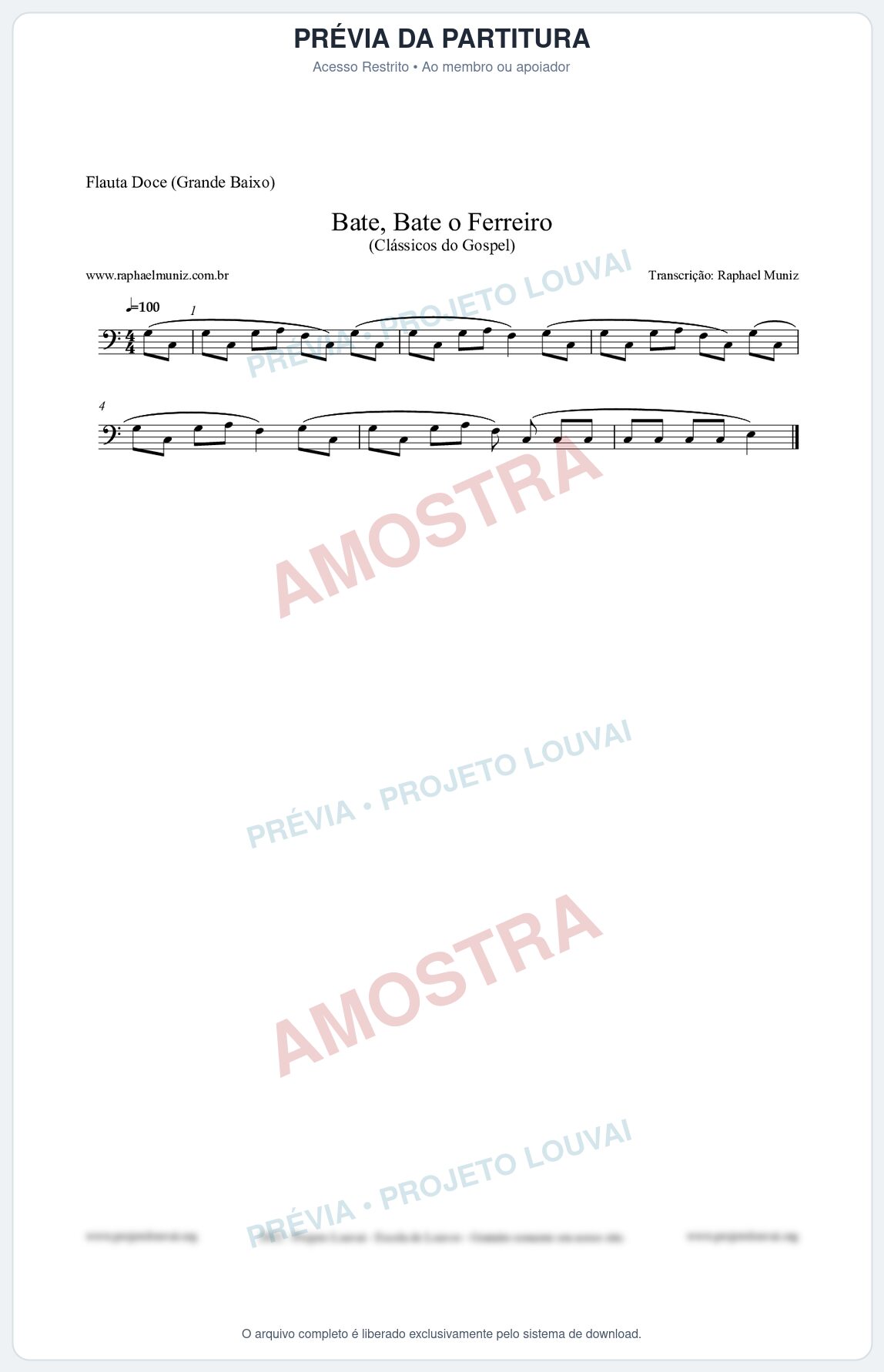 Prévia protegida da primeira página da partitura Partitura para Flauta Doce (Grande Baixo) - Bate, Bate o Ferreiro - Folclore Brasileiro
