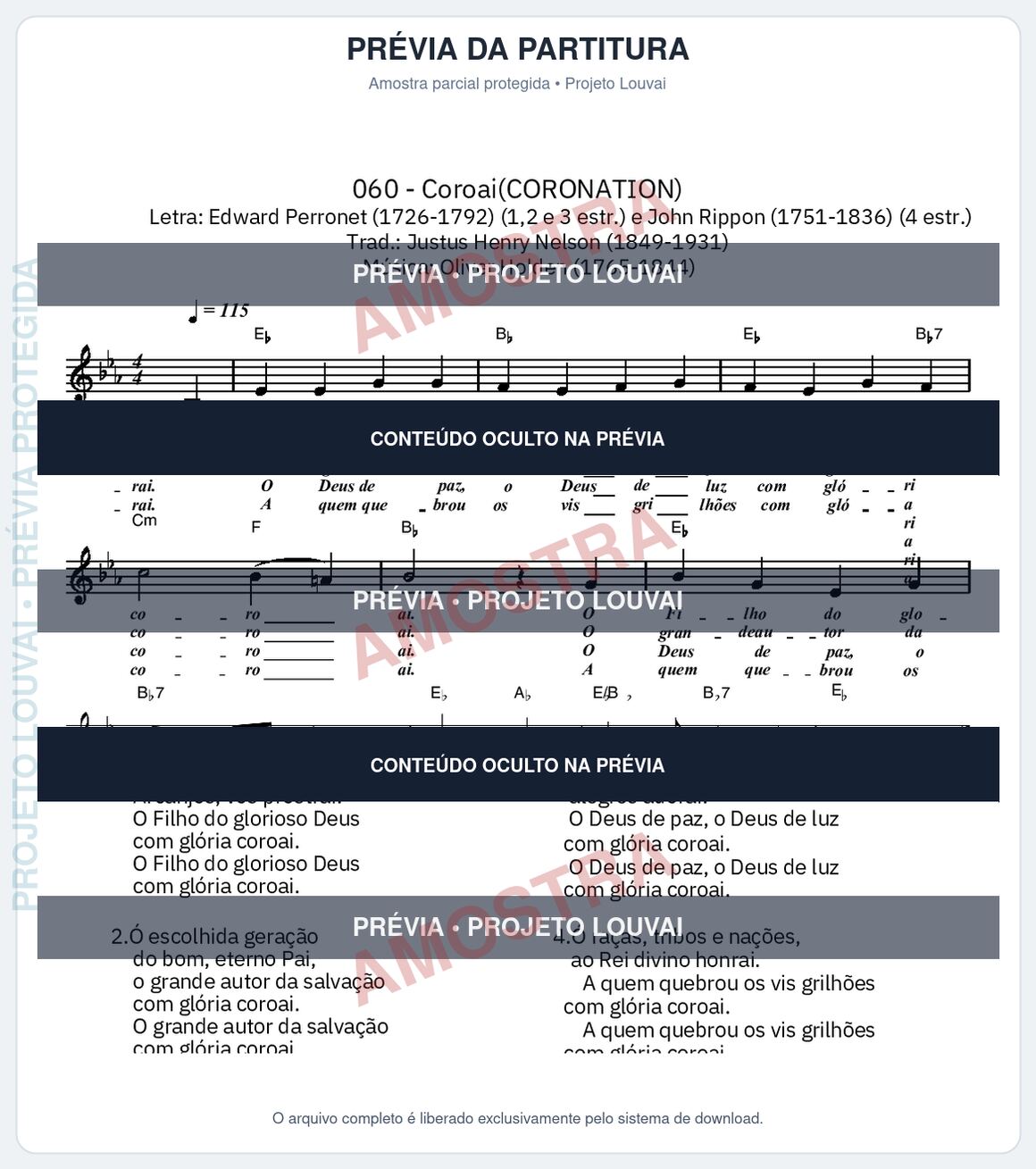 Prévia parcial e protegida da partitura Partitura da música Coroai (Cantor Cristão nº 60) - Cantor Cristão - Tom Eb