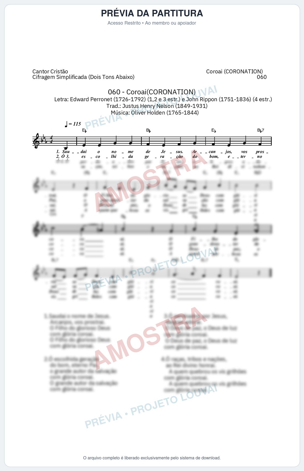 Prévia protegida da primeira página da partitura Partitura da música Coroai (Cantor Cristão nº 60) - Cantor Cristão - Tom Eb