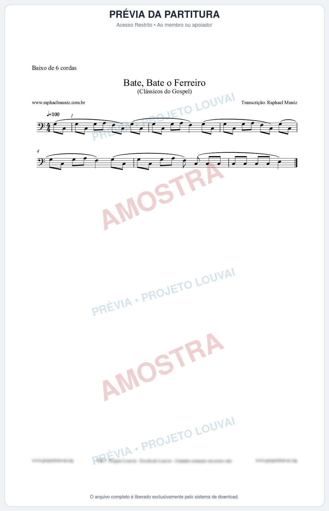 Prévia protegida da primeira página da partitura Partitura para Baixo de 6 cordas - Bate, Bate o Ferreiro - Folclore Brasileiro