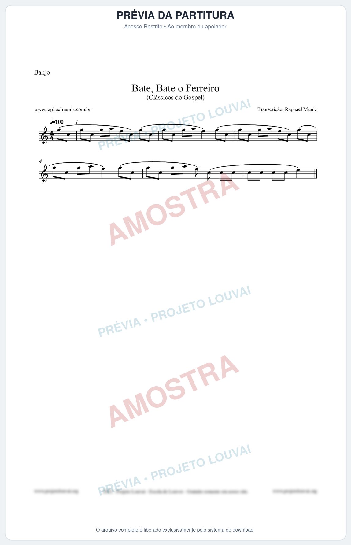 Prévia protegida da primeira página da partitura Partitura para Banjo - Bate, Bate o Ferreiro - Folclore Brasileiro