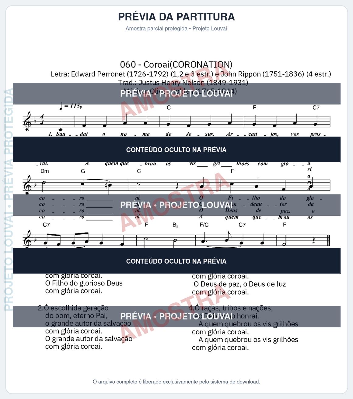 Prévia parcial e protegida da partitura Partitura da música Coroai (Cantor Cristão nº 60) - Cantor Cristão - Tom F