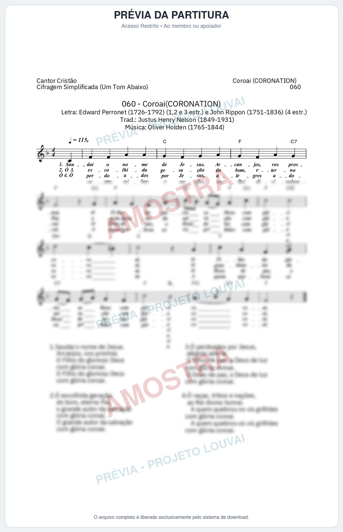 Prévia protegida da primeira página da partitura Partitura da música Coroai (Cantor Cristão nº 60) - Cantor Cristão - Tom F