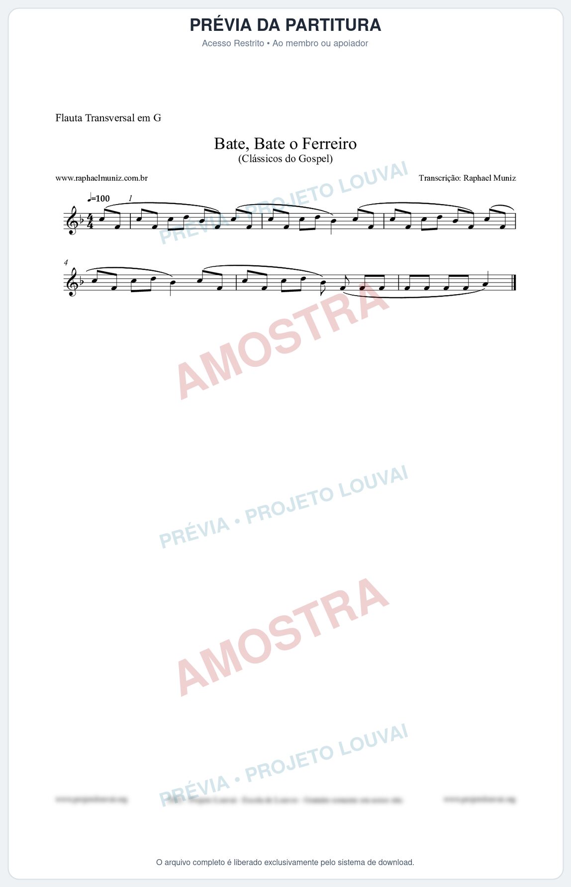 Prévia protegida da primeira página da partitura Partitura para Flauta Transversal em G - Bate, Bate o Ferreiro - Folclore Brasileiro