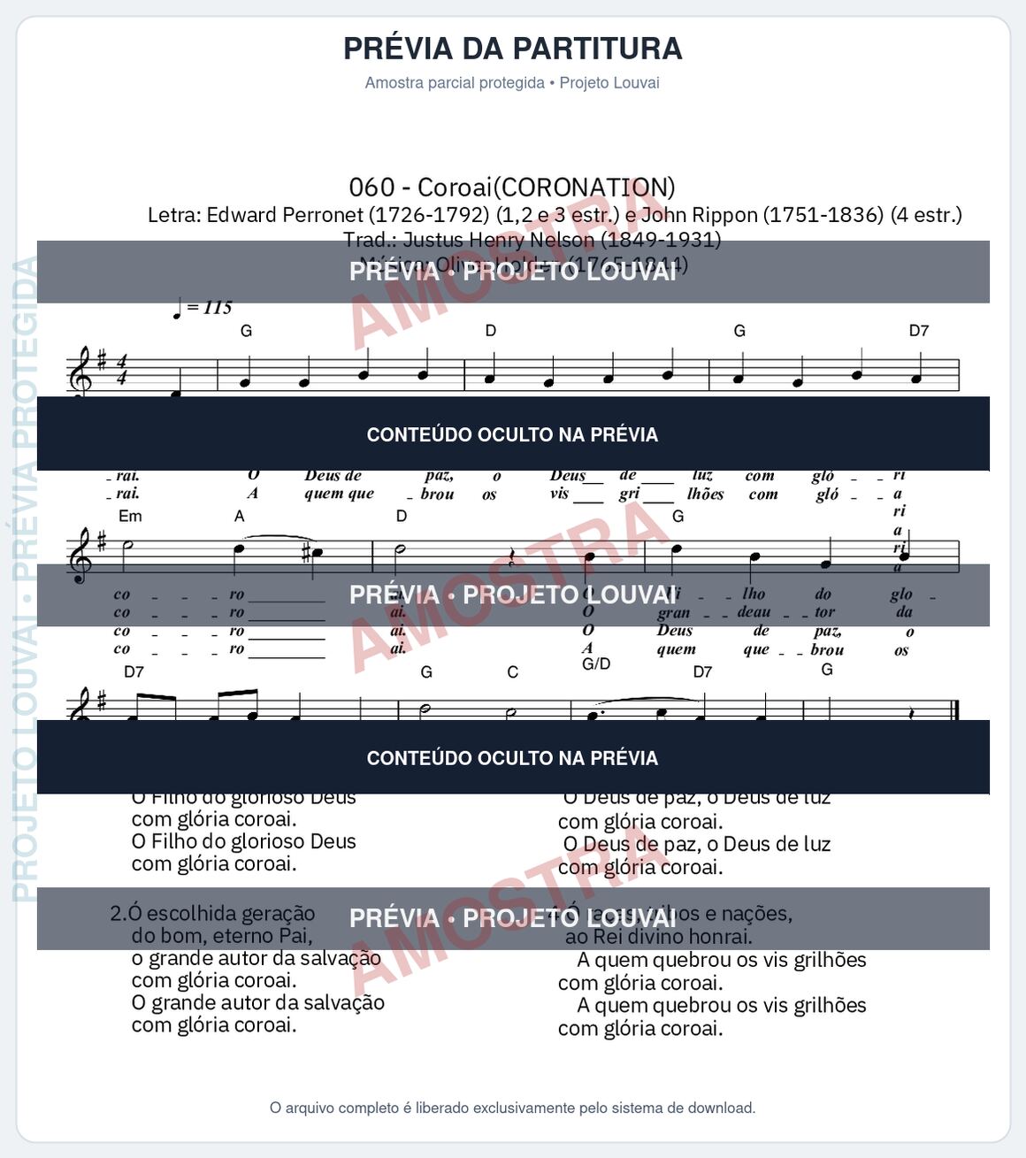 Prévia parcial e protegida da partitura Partitura da música Coroai (Cantor Cristão nº 60) - Cantor Cristão - Tom G