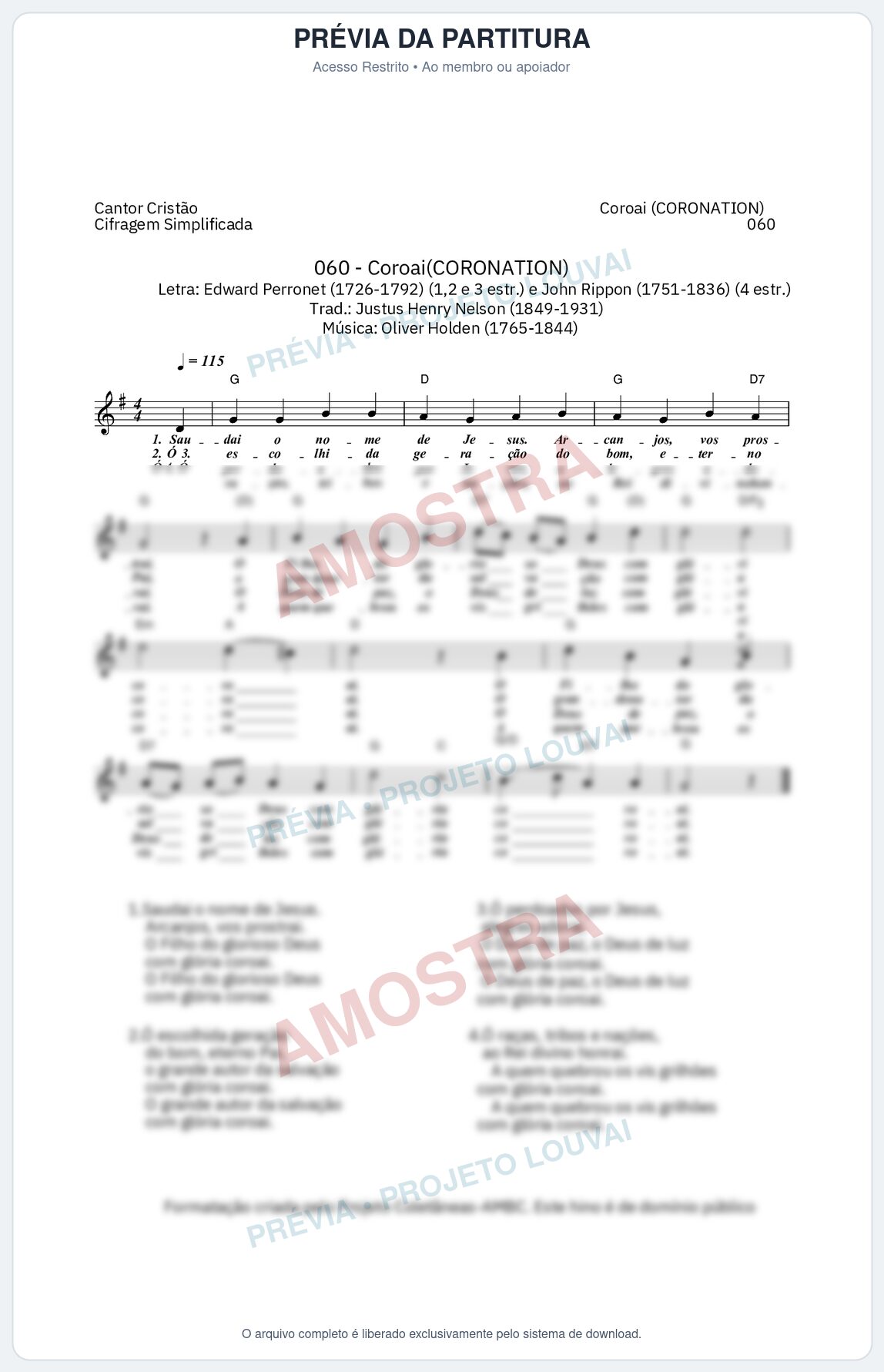 Prévia protegida da primeira página da partitura Partitura da música Coroai (Cantor Cristão nº 60) - Cantor Cristão - Tom G