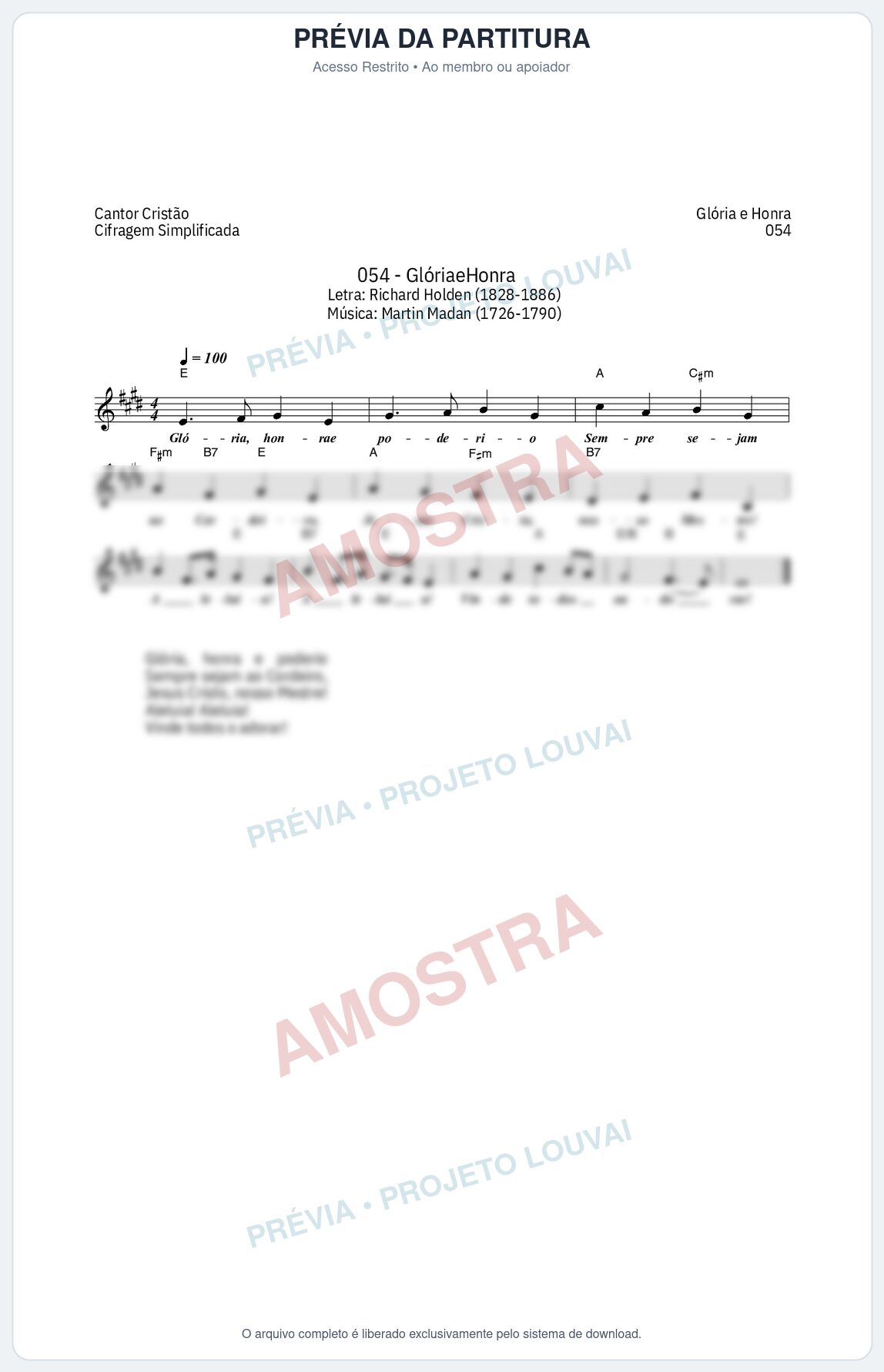 Prévia protegida da primeira página da partitura Partitura da música Glória e Honra (Cantor Cristão nº 54) - Cantor Cristão - Tom E