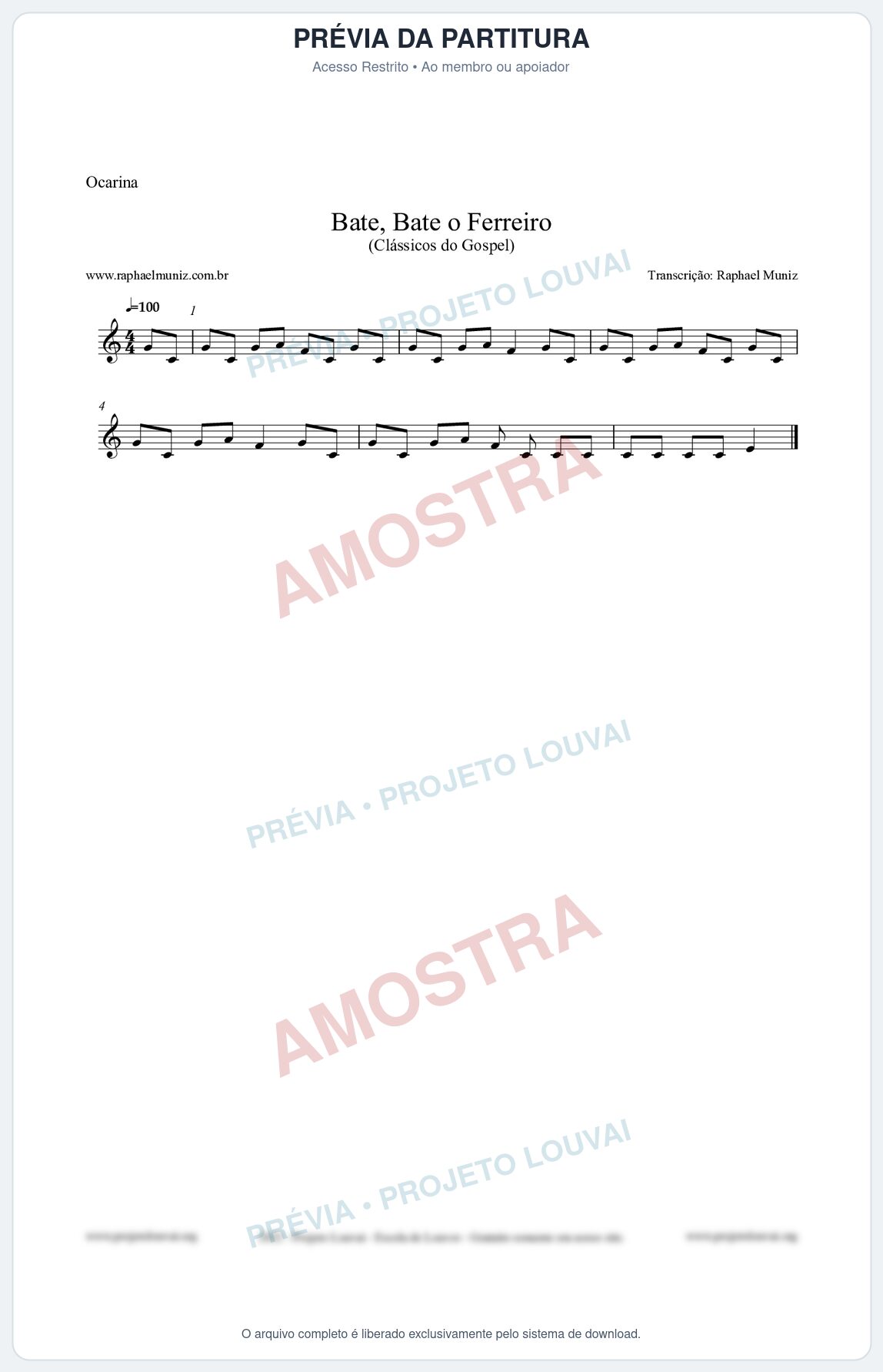 Prévia protegida da primeira página da partitura Partitura para Ocarina - Bate, Bate o Ferreiro - Folclore Brasileiro