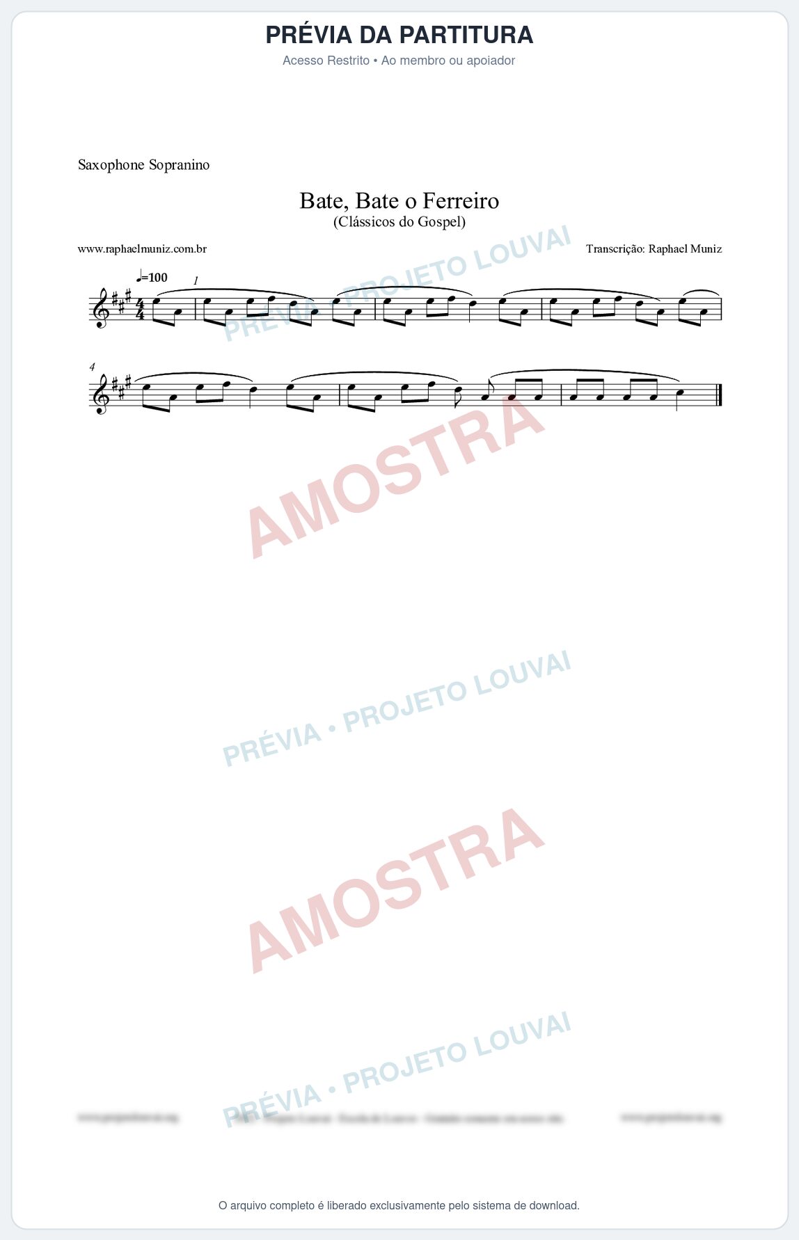 Prévia protegida da primeira página da partitura Partitura para Saxophone Sopranino - Bate, Bate o Ferreiro - Folclore Brasileiro