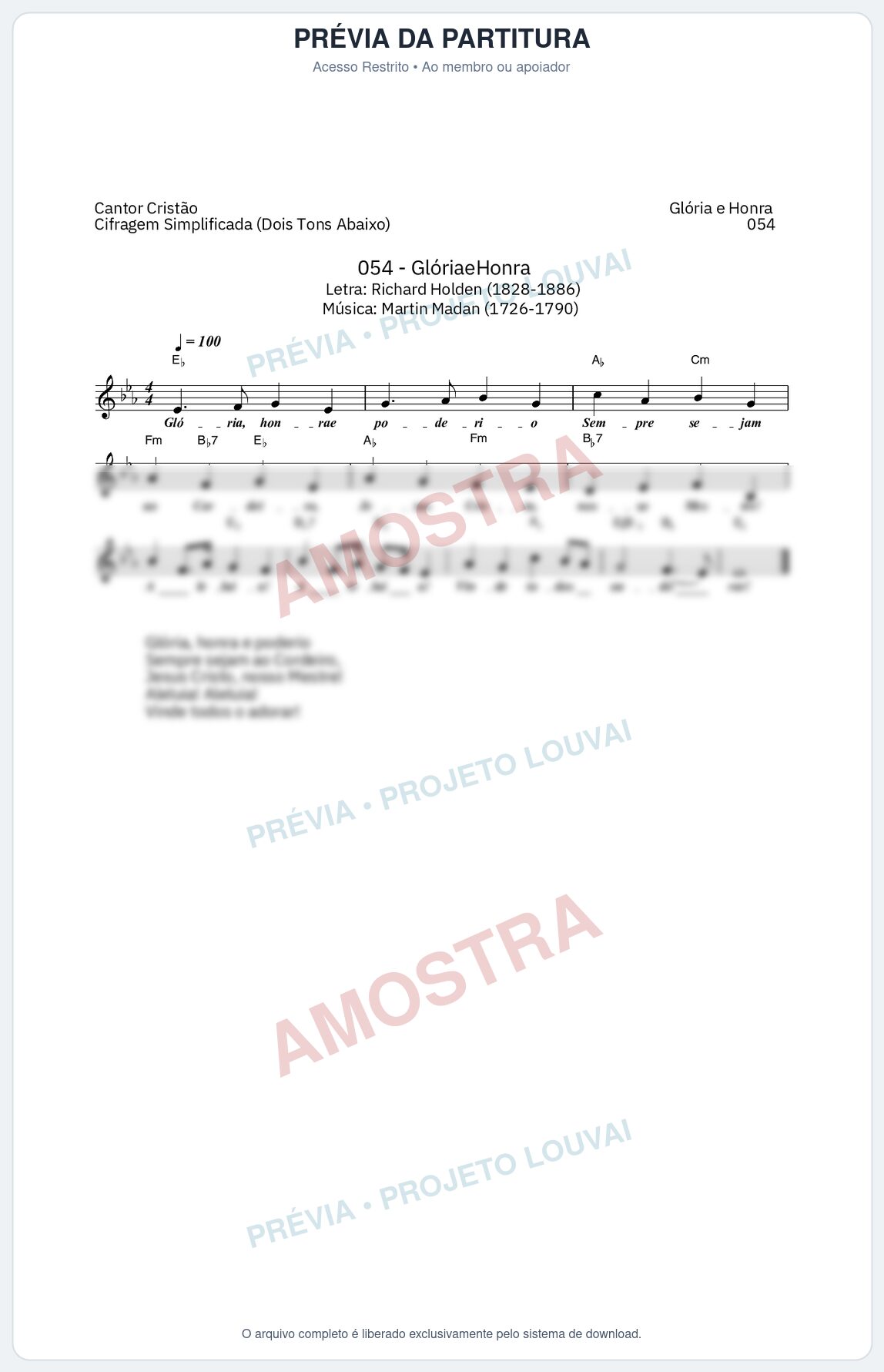 Prévia protegida da primeira página da partitura Partitura da música Glória e Honra (Cantor Cristão nº 54) - Cantor Cristão - Tom Eb