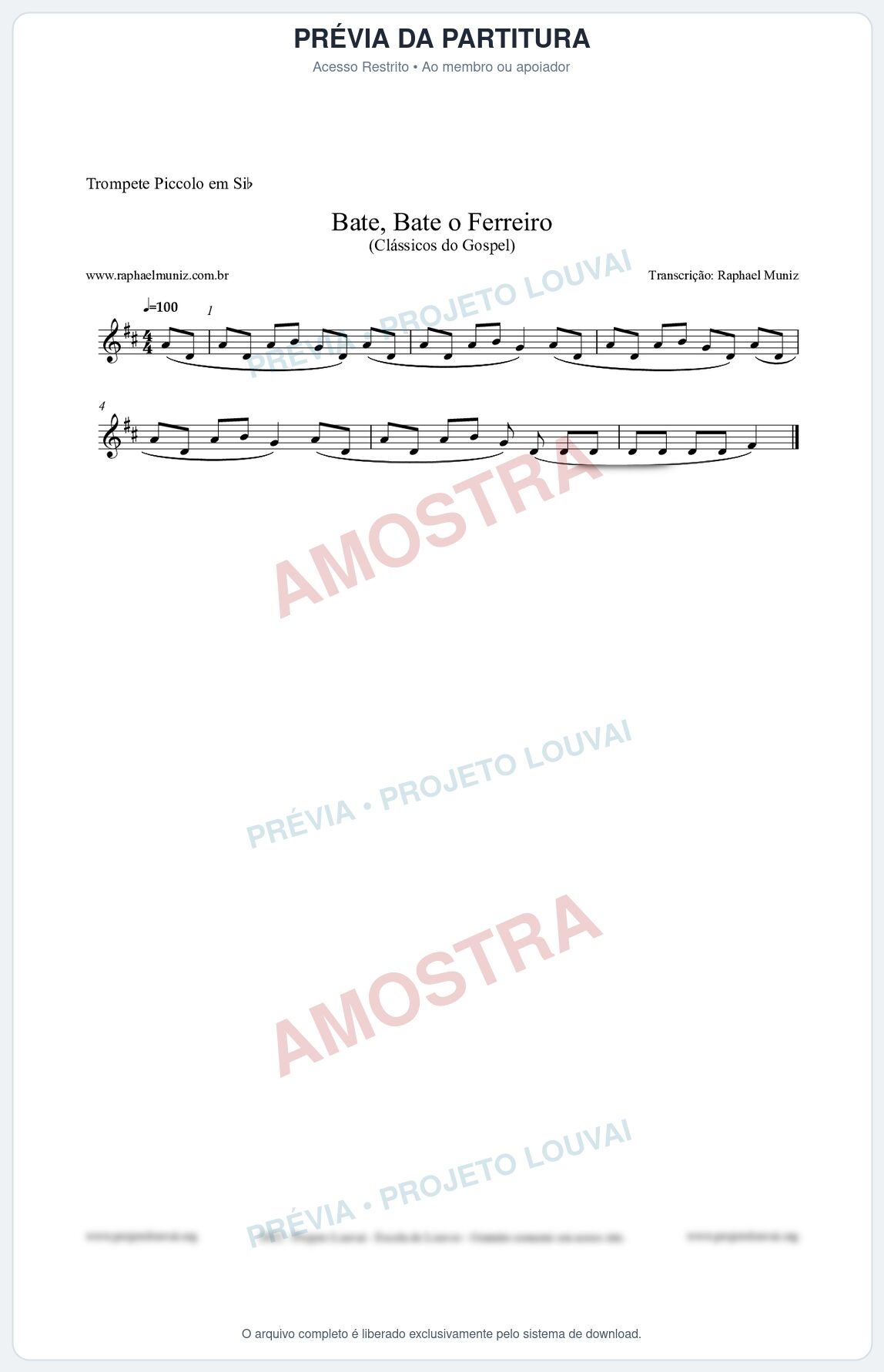 Prévia protegida da primeira página da partitura Partitura para Trompete Piccolo em Sib - Bate, Bate o Ferreiro - Folclore Brasileiro