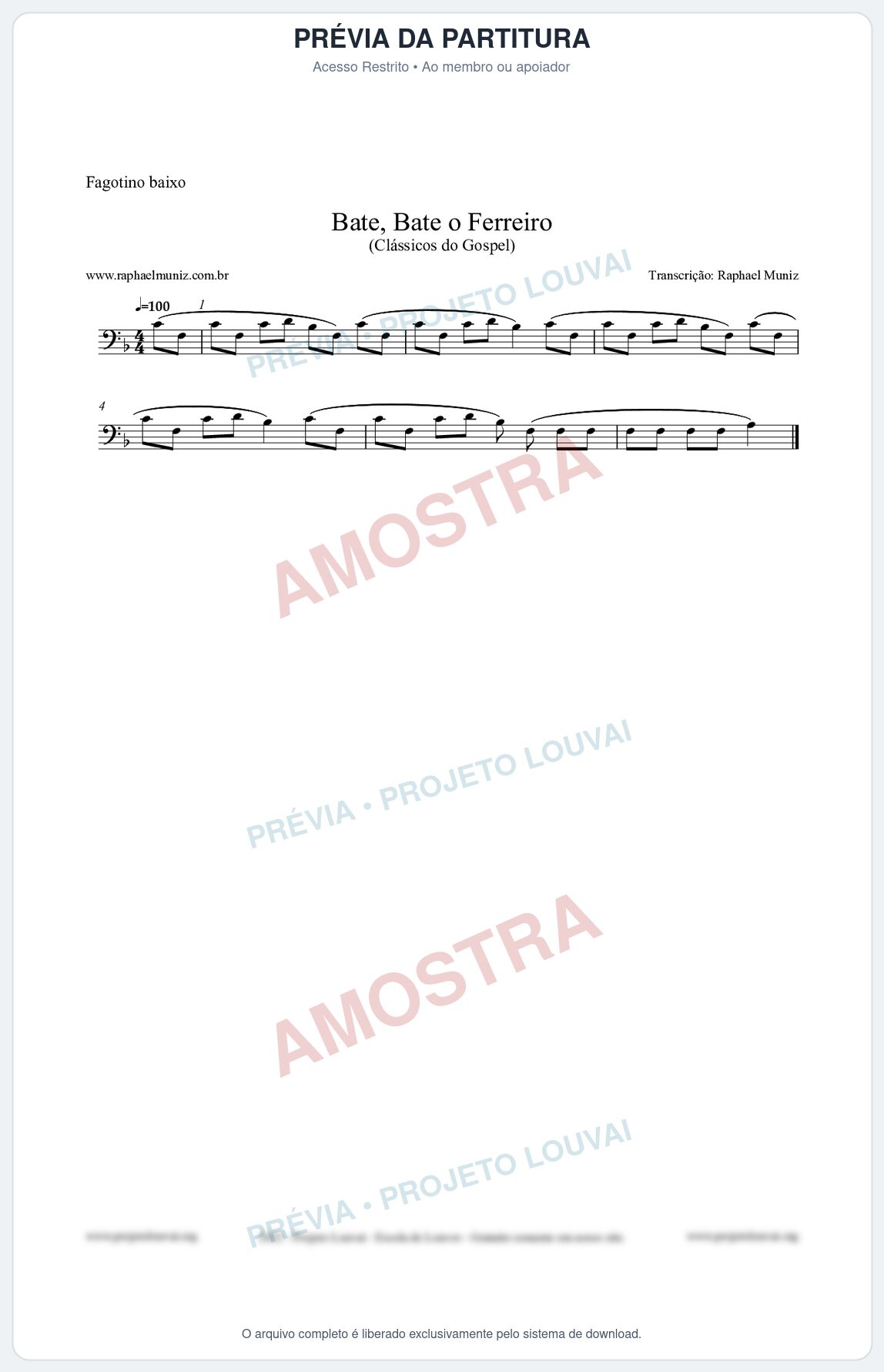 Prévia protegida da primeira página da partitura Partitura para Fagotino baixo - Bate, Bate o Ferreiro - Folclore Brasileiro