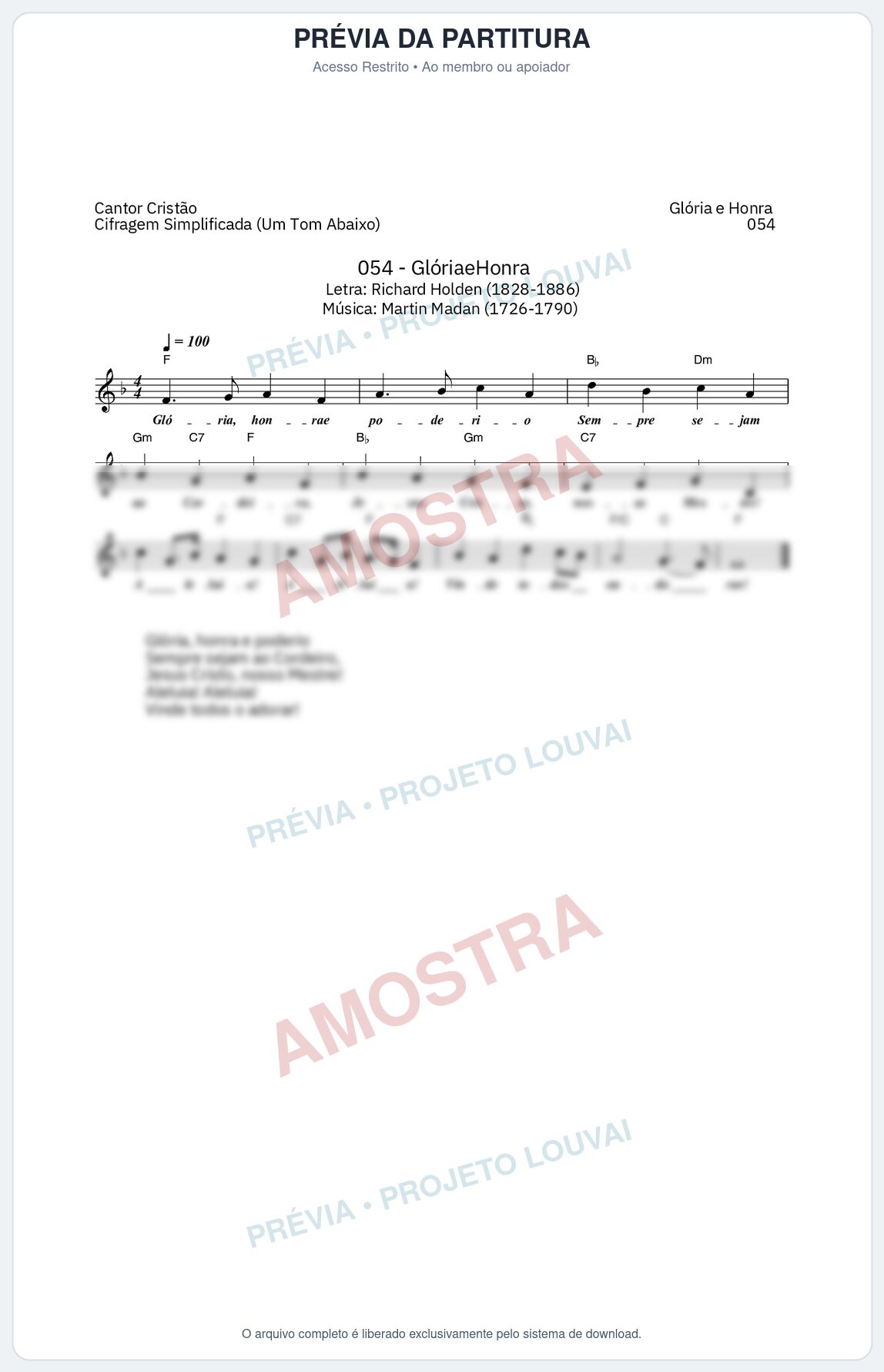 Prévia protegida da primeira página da partitura Partitura da música Glória e Honra (Cantor Cristão nº 54) - Cantor Cristão - Tom F