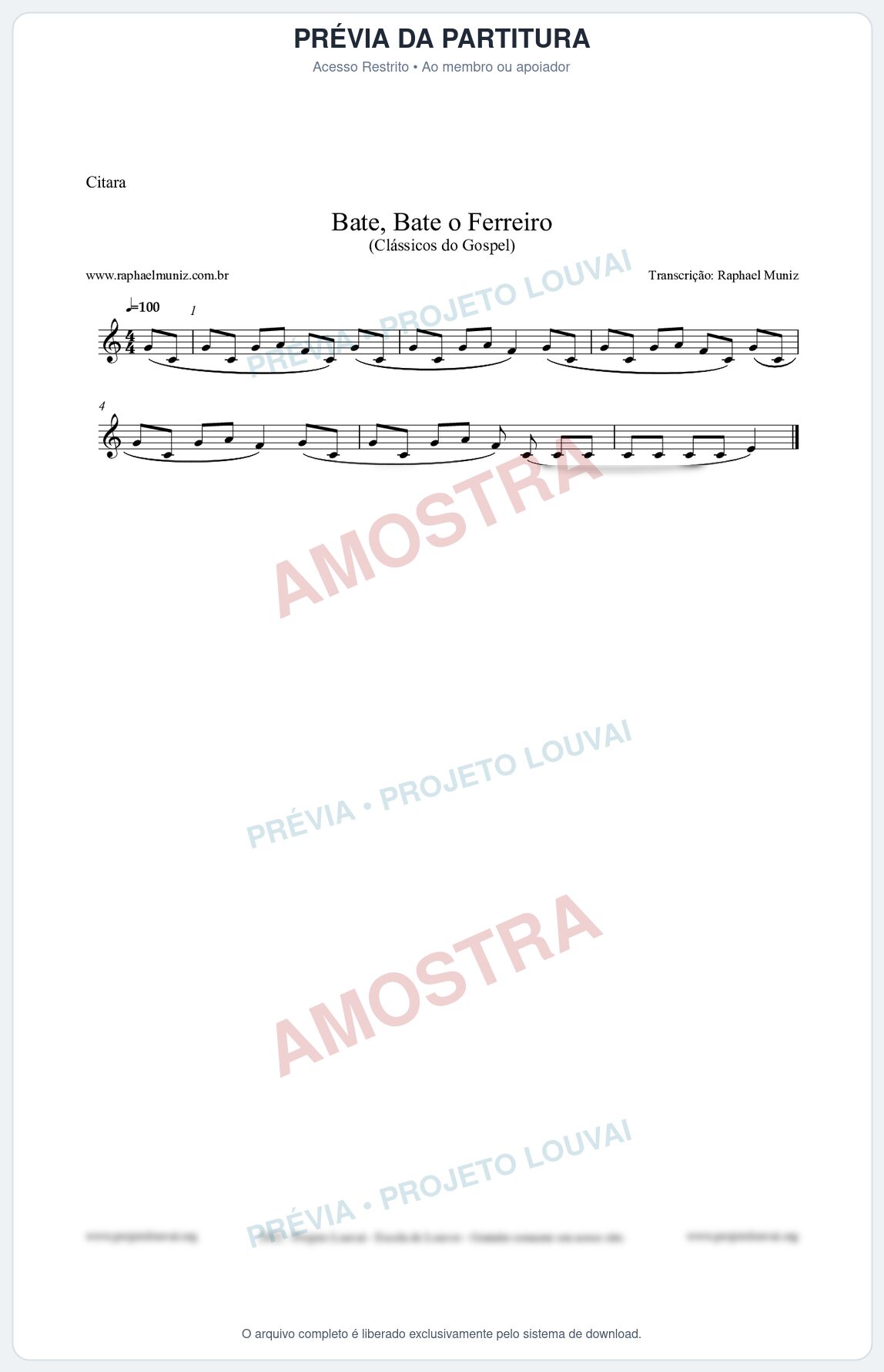 Prévia protegida da primeira página da partitura Partitura para Cítara - Bate, Bate o Ferreiro - Folclore Brasileiro