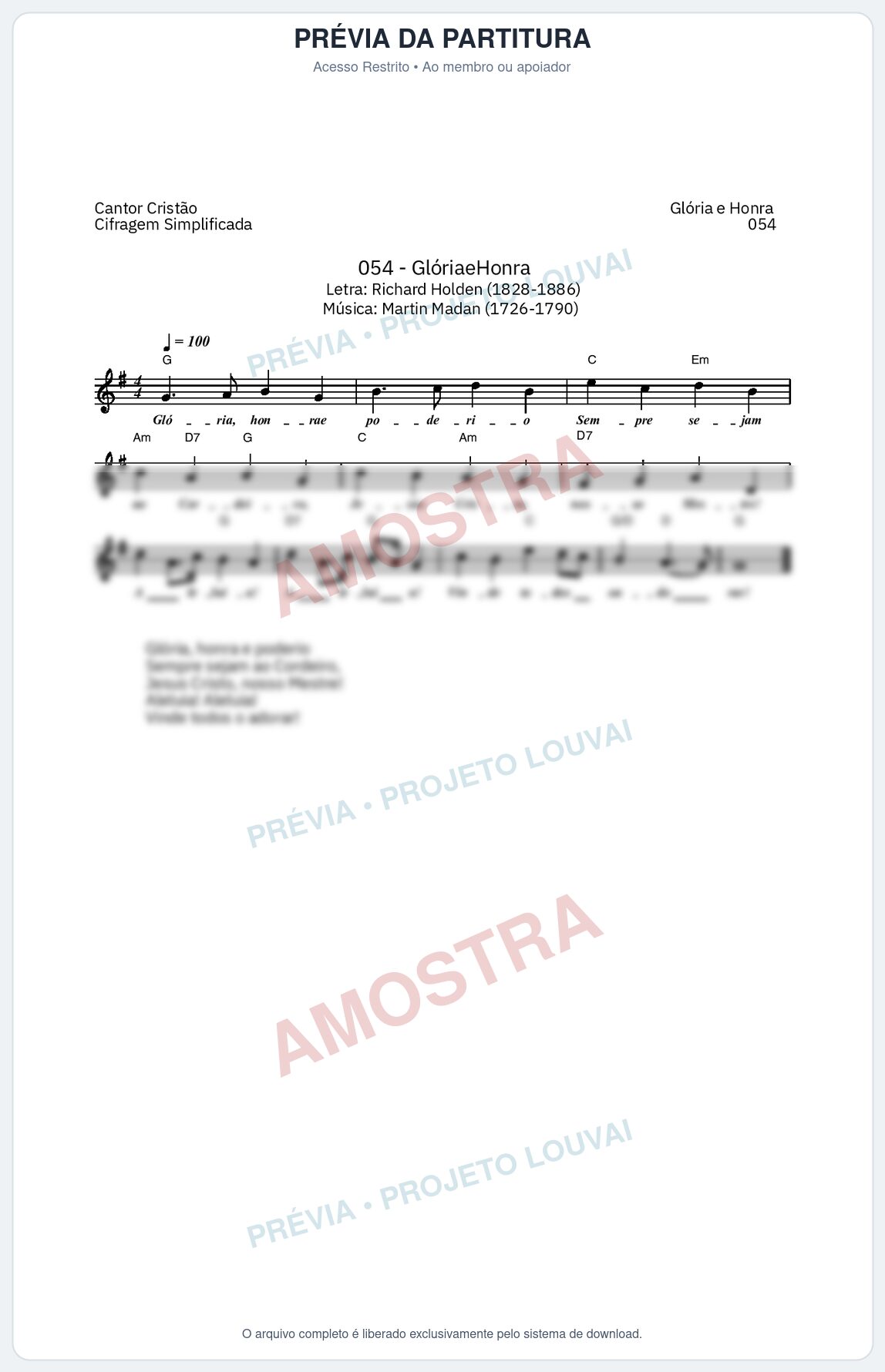 Prévia protegida da primeira página da partitura Partitura da música Glória e Honra (Cantor Cristão nº 54) - Cantor Cristão - Tom G