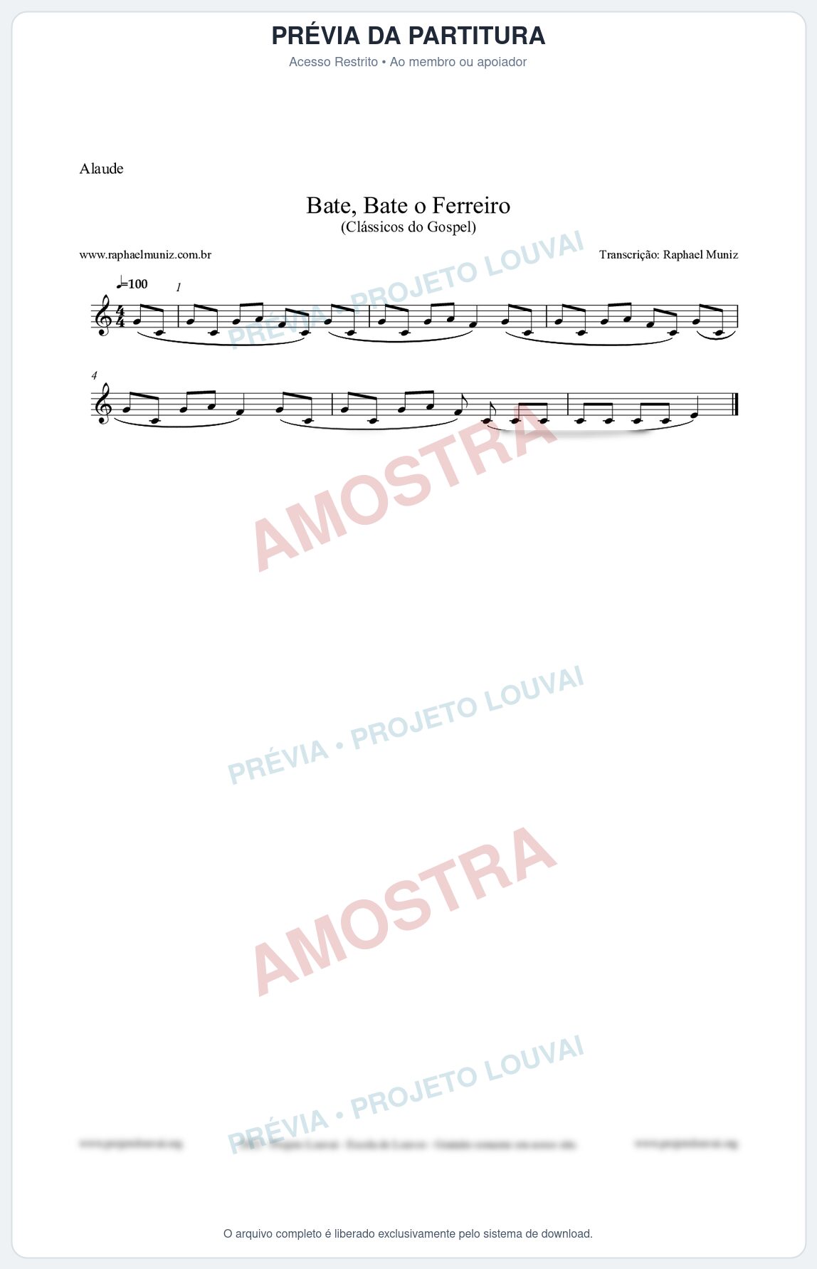 Prévia protegida da primeira página da partitura Partitura para Alaúde - Bate, Bate o Ferreiro - Folclore Brasileiro