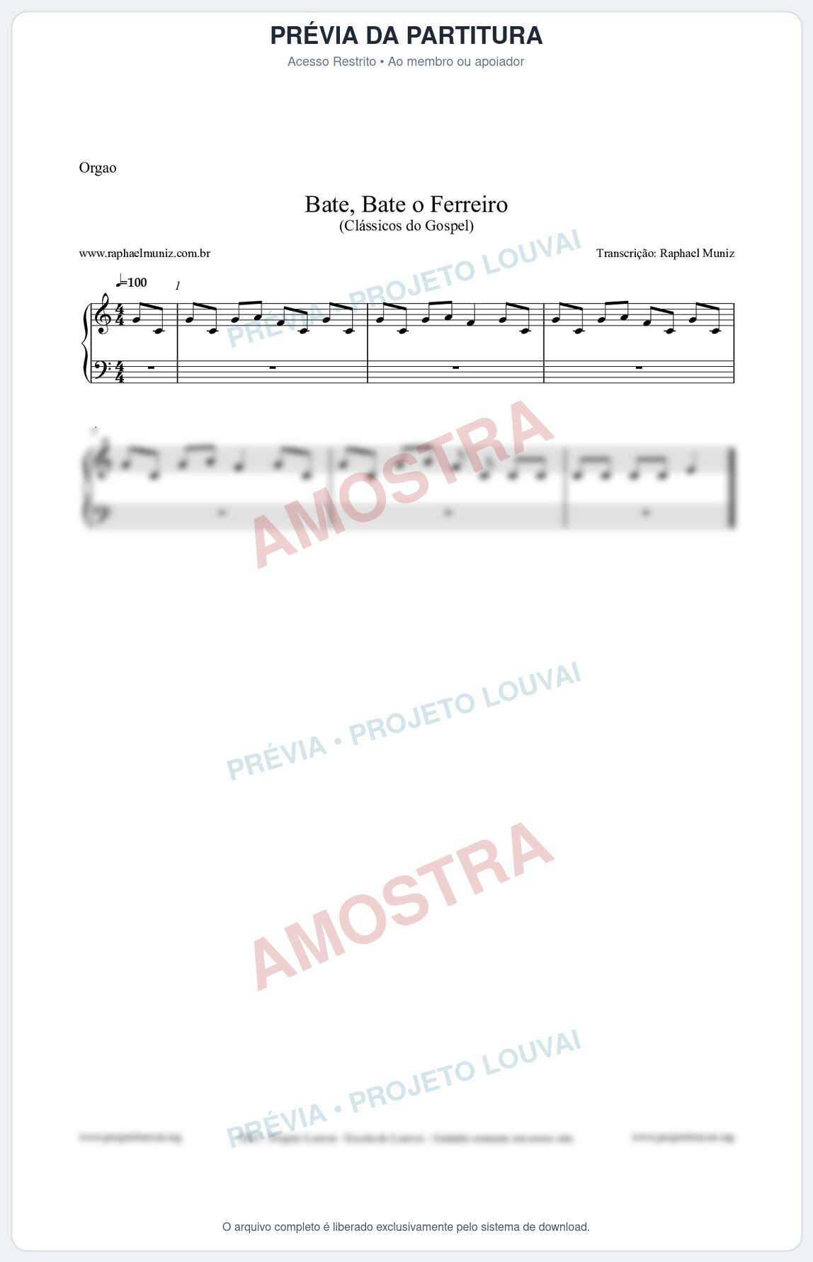 Prévia protegida da primeira página da partitura Partitura para Órgão - Bate, Bate o Ferreiro - Folclore Brasileiro