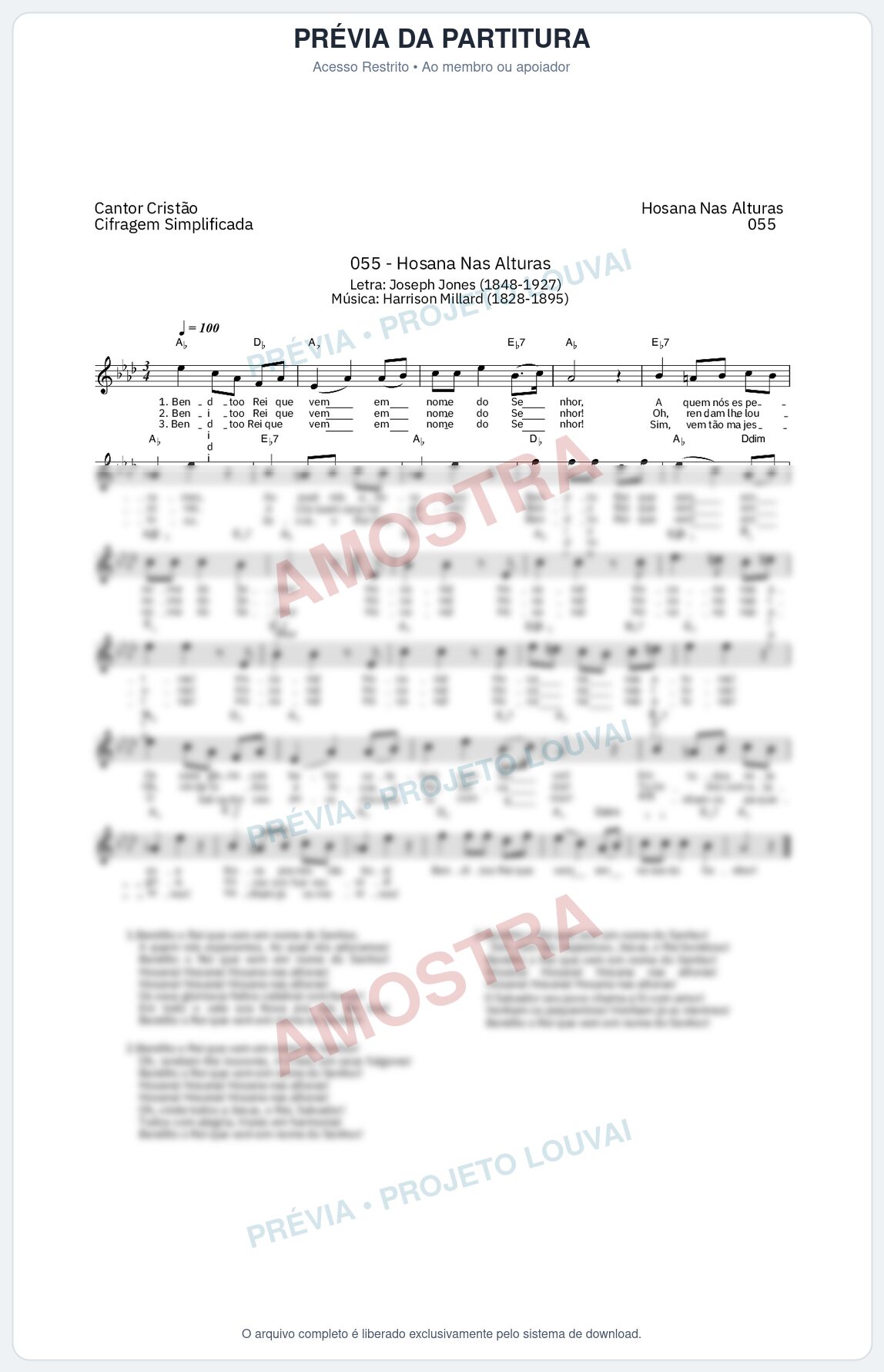 Prévia protegida da primeira página da partitura Partitura da música Hosana Nas Alturas (Cantor Cristão nº 55) - Cantor Cristão - Tom Ab