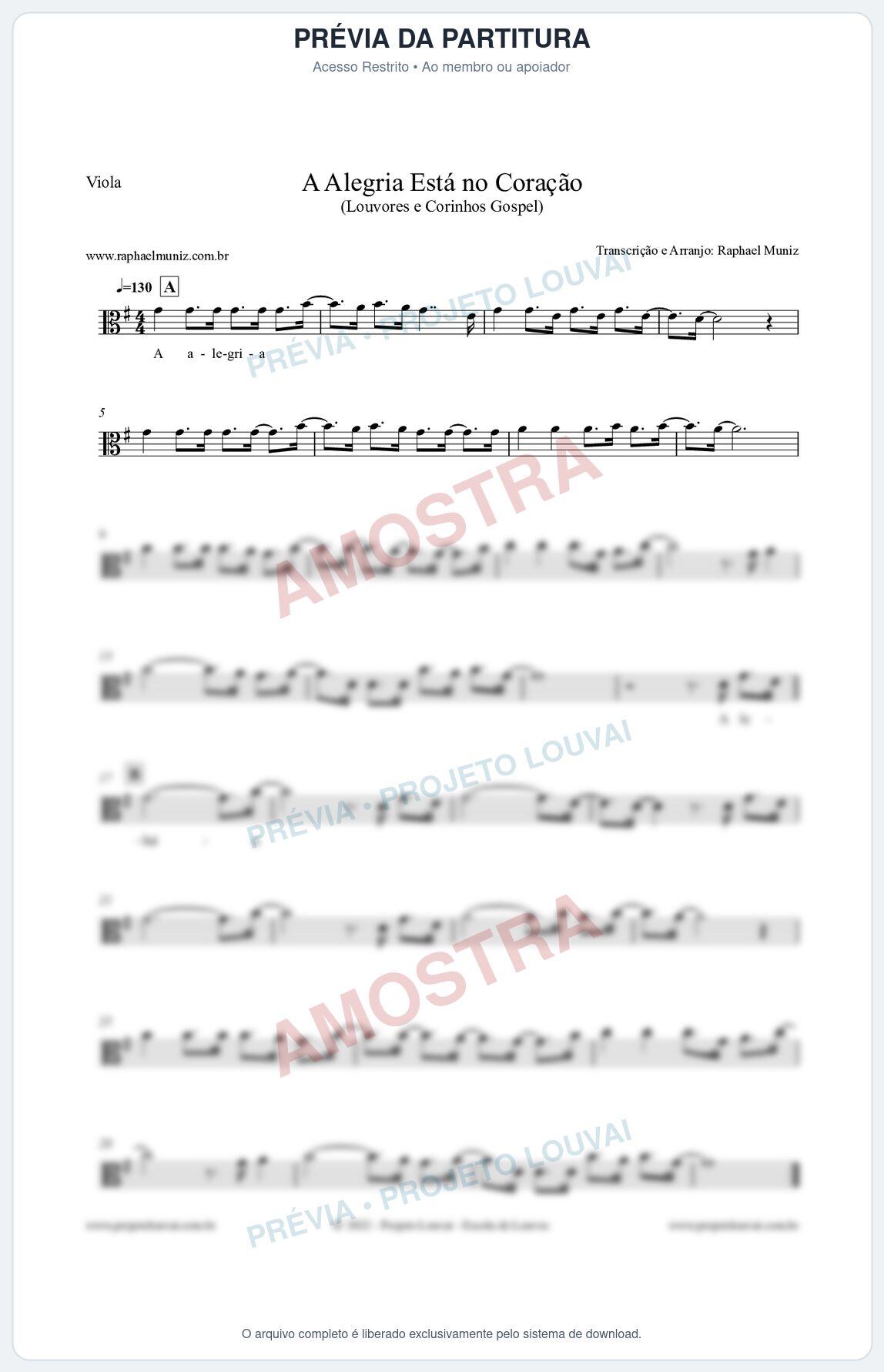 Prévia protegida da primeira página da partitura Partitura para Viola - A Alegria Está no Coração (Versão 2) - Louvores e Corinhos Gospel