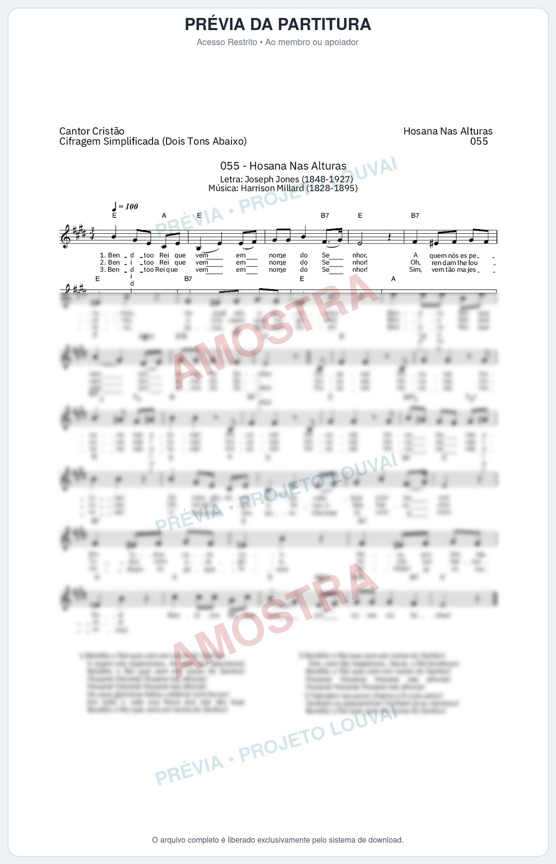 Prévia protegida da primeira página da partitura Partitura da música Hosana Nas Alturas (Cantor Cristão nº 55) - Cantor Cristão - Tom E