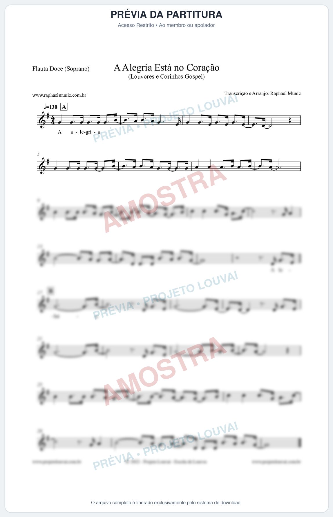 Prévia protegida da primeira página da partitura Partitura para Flauta Doce (Soprano) - A Alegria Está no Coração (Versão 2) - Louvores e Corinhos Gospel