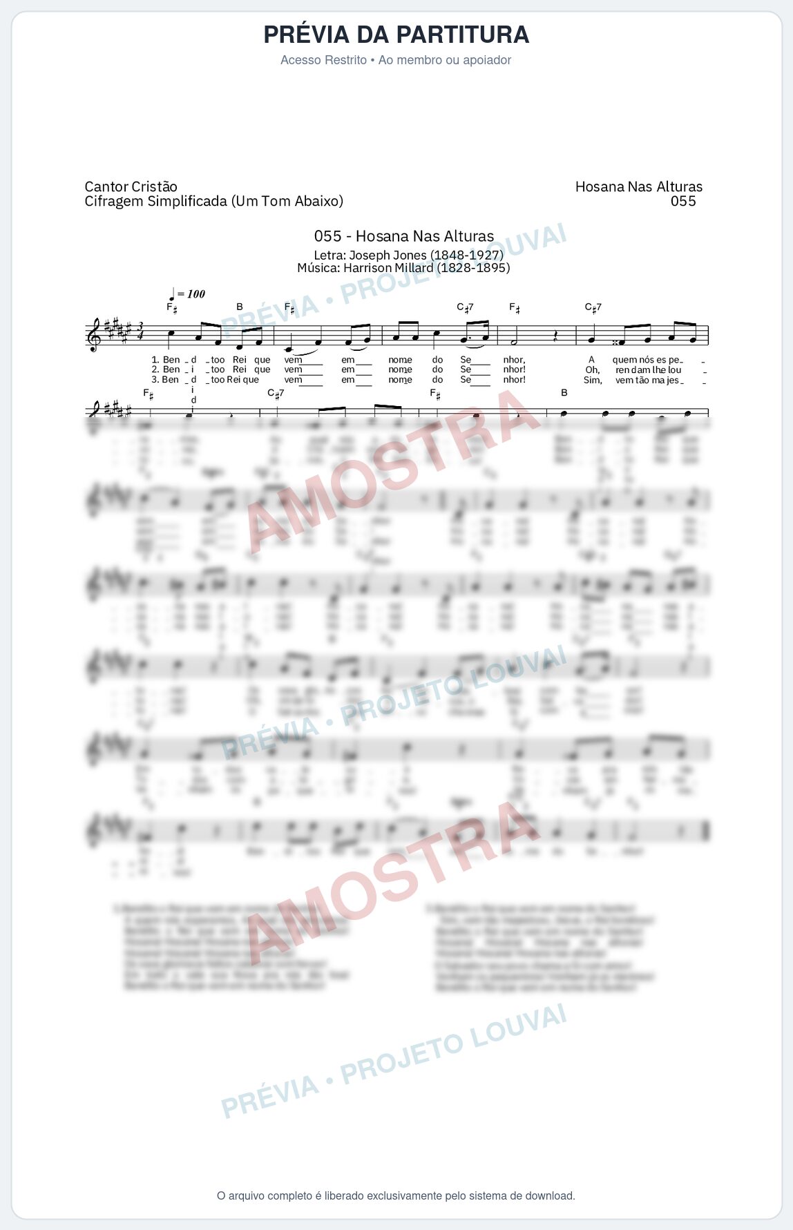 Prévia protegida da primeira página da partitura Partitura da música Hosana Nas Alturas (Cantor Cristão nº 55) - Cantor Cristão - Tom F#