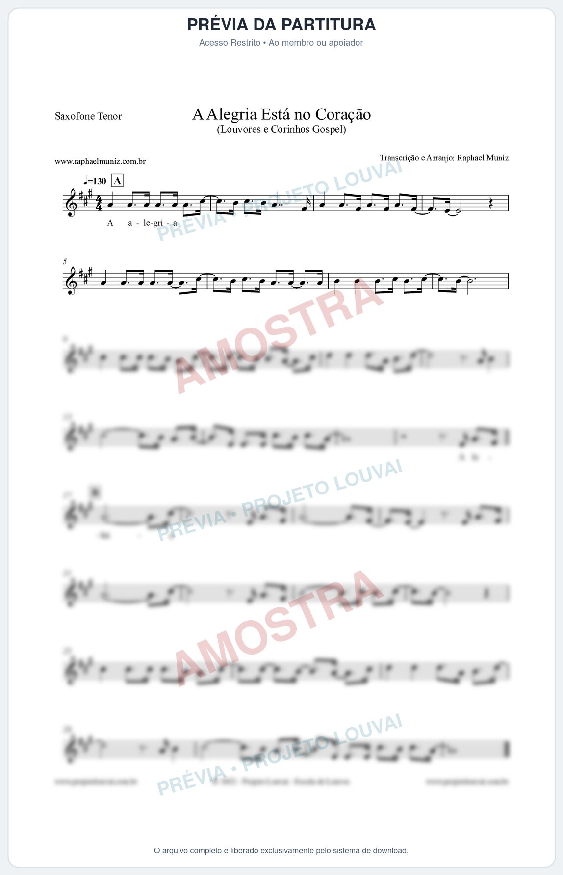 Prévia protegida da primeira página da partitura Partitura para Saxofone Tenor - A Alegria Está no Coração (Versão 2) - Louvores e Corinhos Gospel