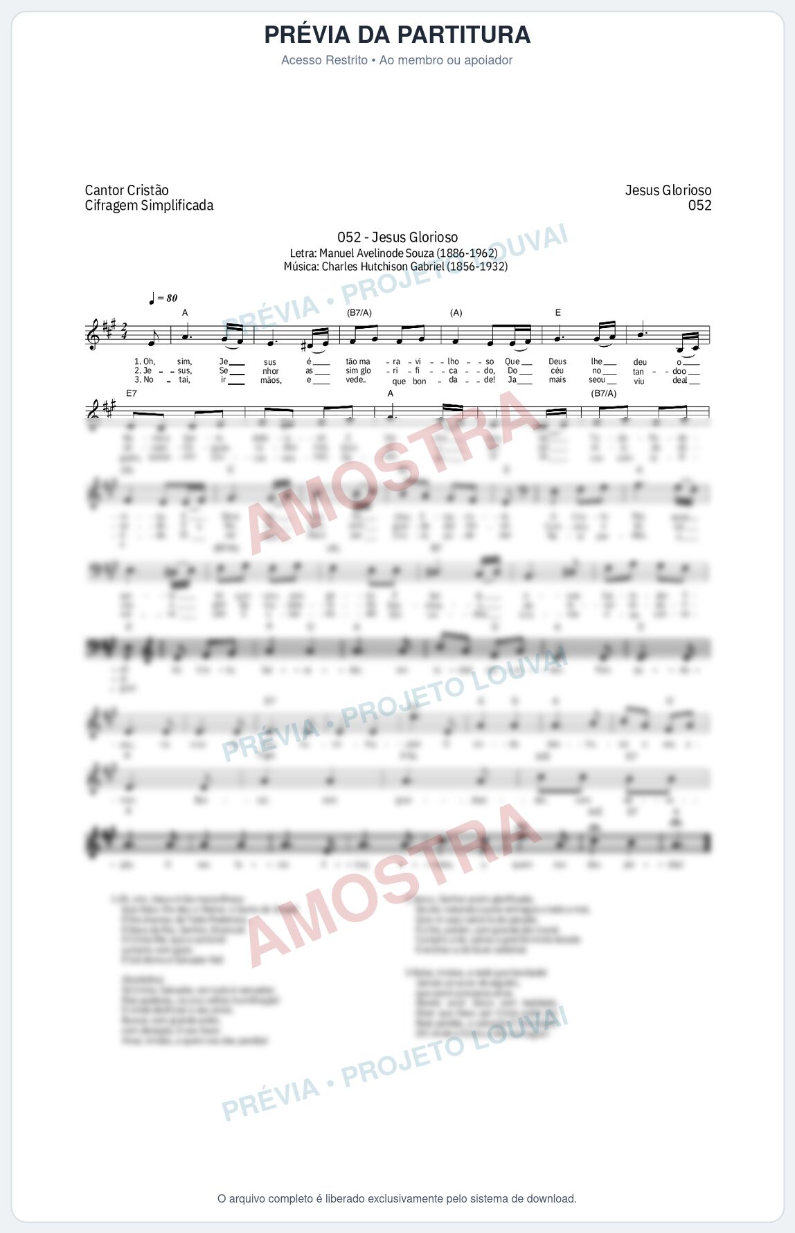 Prévia protegida da primeira página da partitura Partitura da música Jesus Glorioso (Cantor Cristão nº 52) - Cantor Cristão - Tom A