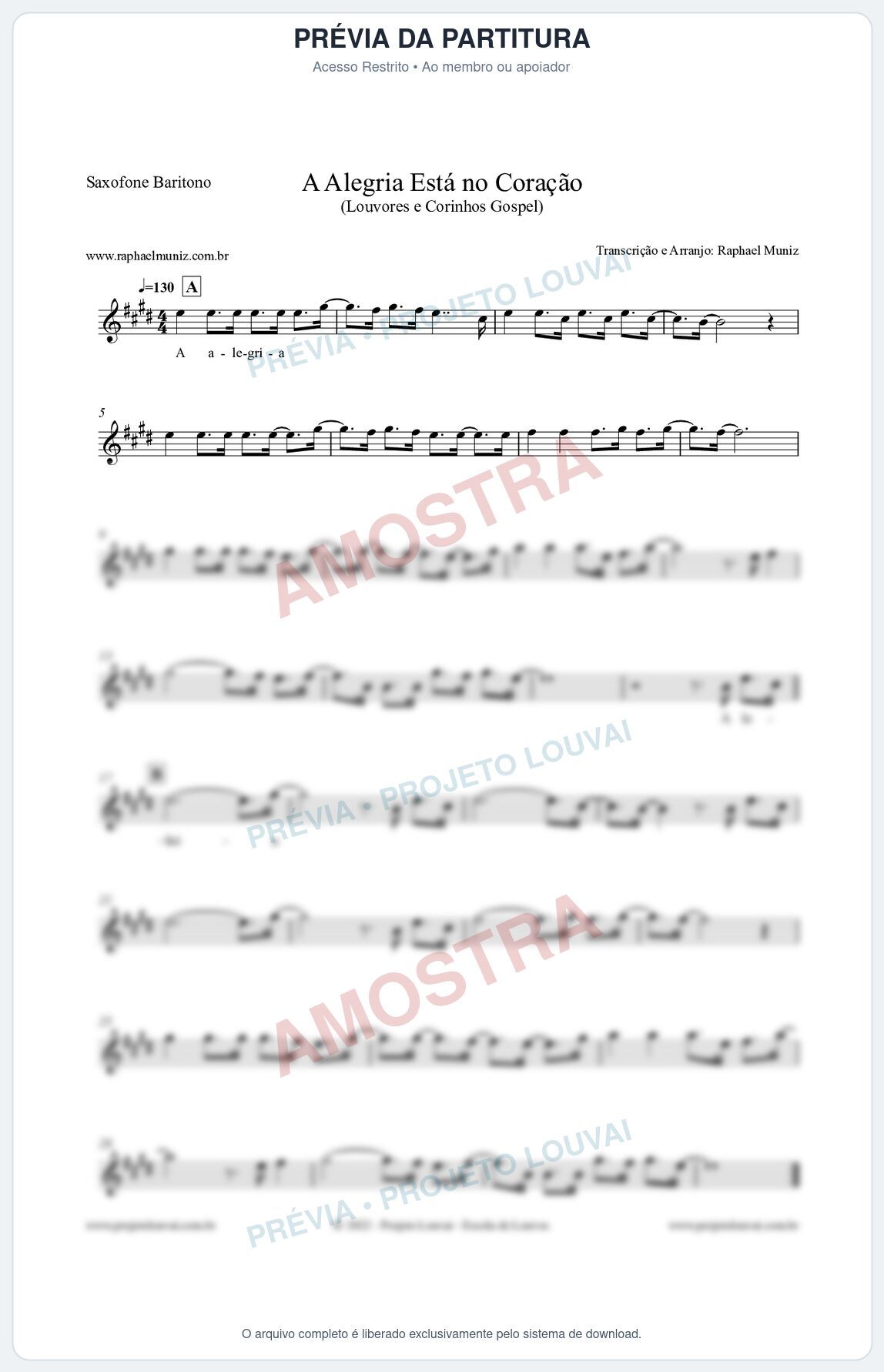 Prévia protegida da primeira página da partitura Partitura para Saxofone Barítono - A Alegria Está no Coração (Versão 2) - Louvores e Corinhos Gospel