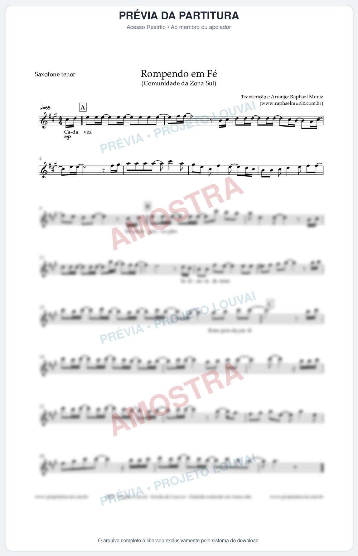 Prévia protegida da primeira página da partitura Partitura para Saxofone Tenor - Rompendo em Fé - Comunidade da Zona Sul