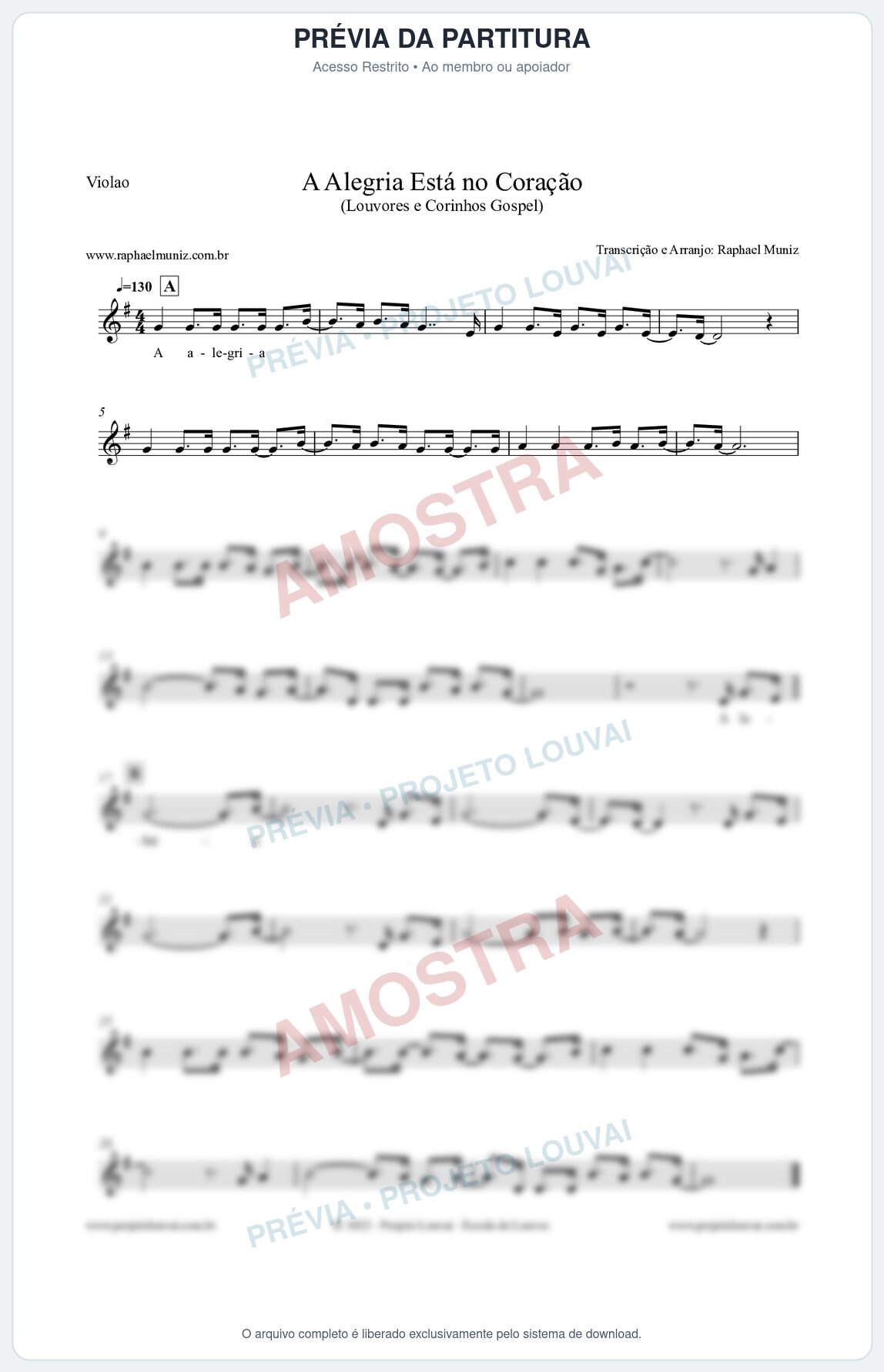 Prévia protegida da primeira página da partitura Partitura para Violão - A Alegria Está no Coração (Versão 2) - Louvores e Corinhos Gospel