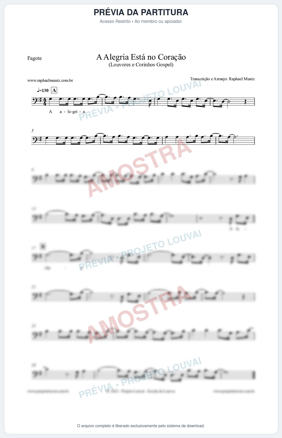 Prévia protegida da primeira página da partitura Partitura para Fagote - A Alegria Está no Coração (Versão 2) - Louvores e Corinhos Gospel