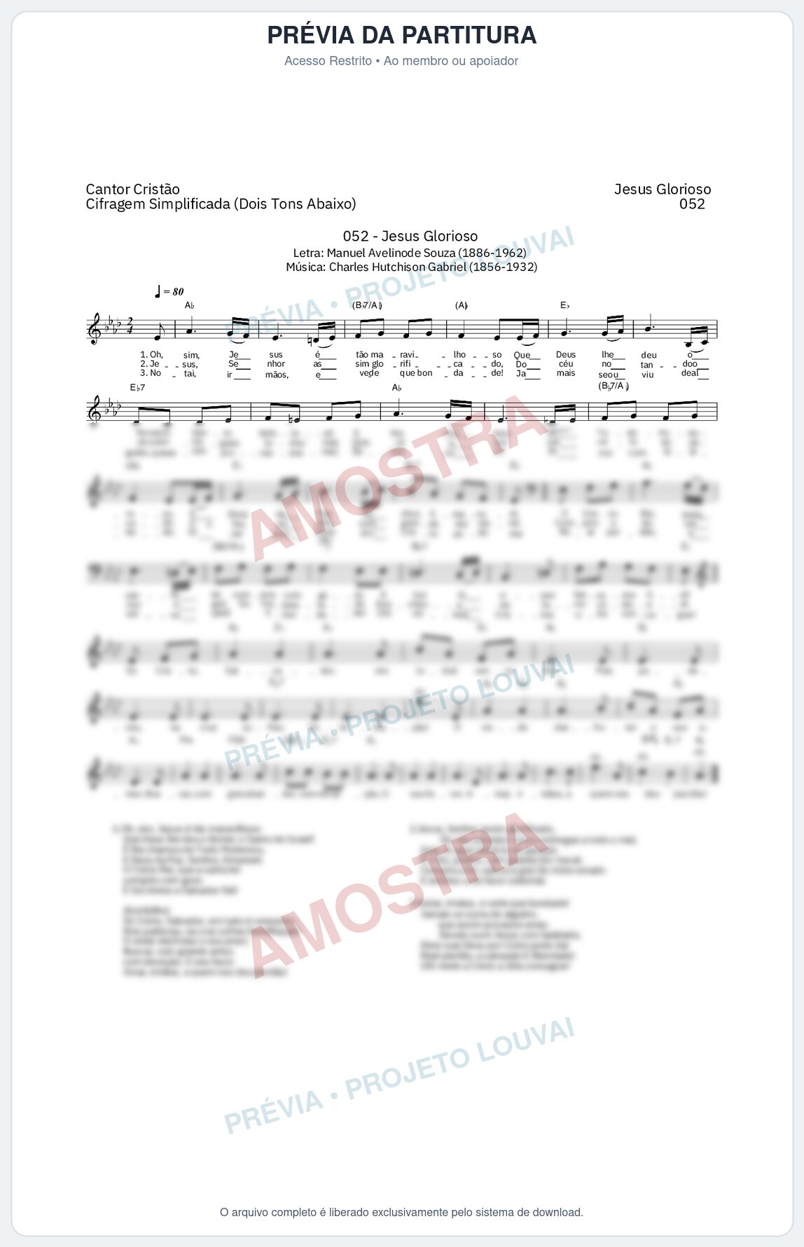 Prévia protegida da primeira página da partitura Partitura da música Jesus Glorioso (Cantor Cristão nº 52) - Cantor Cristão - Tom Ab