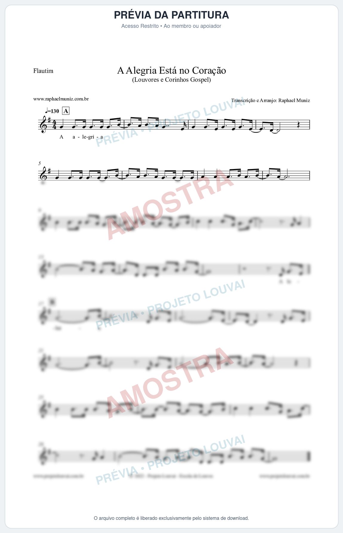 Prévia protegida da primeira página da partitura Partitura para Flautim - A Alegria Está no Coração (Versão 2) - Louvores e Corinhos Gospel