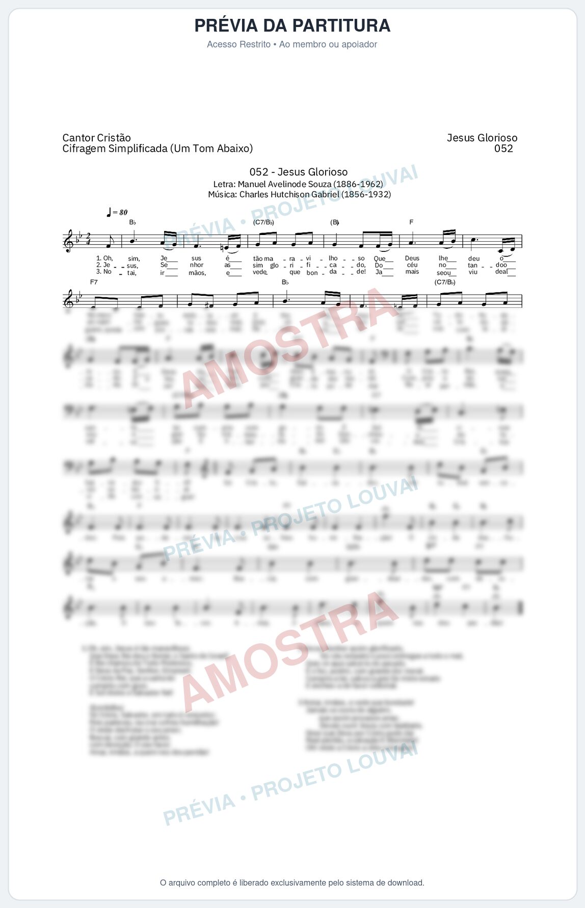 Prévia protegida da primeira página da partitura Partitura da música Jesus Glorioso (Cantor Cristão nº 52) - Cantor Cristão - Tom Bb
