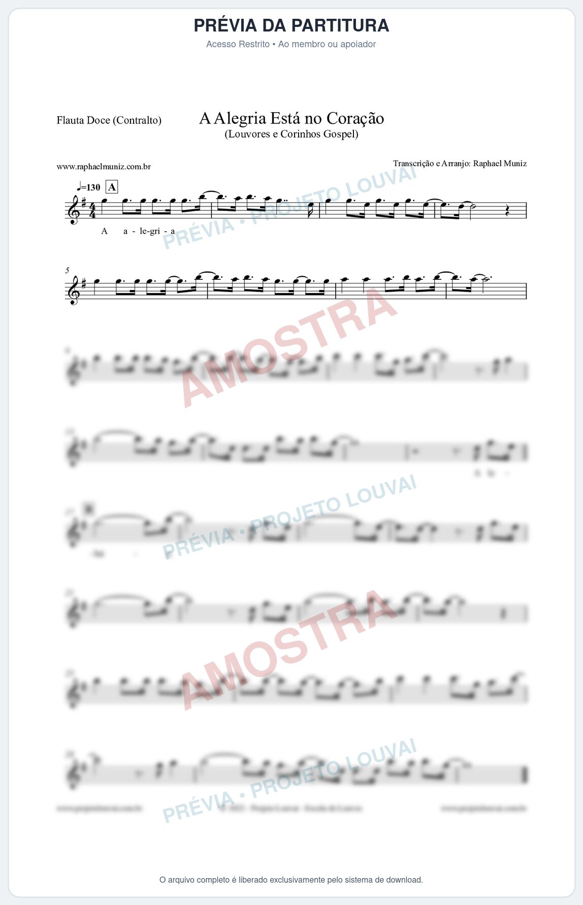 Prévia protegida da primeira página da partitura Partitura para Flauta Doce (Contralto) - A Alegria Está no Coração (Versão 2) - Louvores e Corinhos Gospel