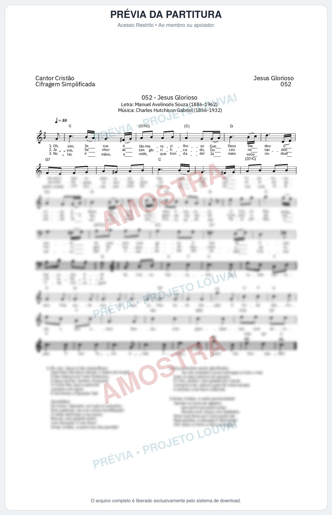 Prévia protegida da primeira página da partitura Partitura da música Jesus Glorioso (Cantor Cristão nº 52) - Cantor Cristão - Tom C