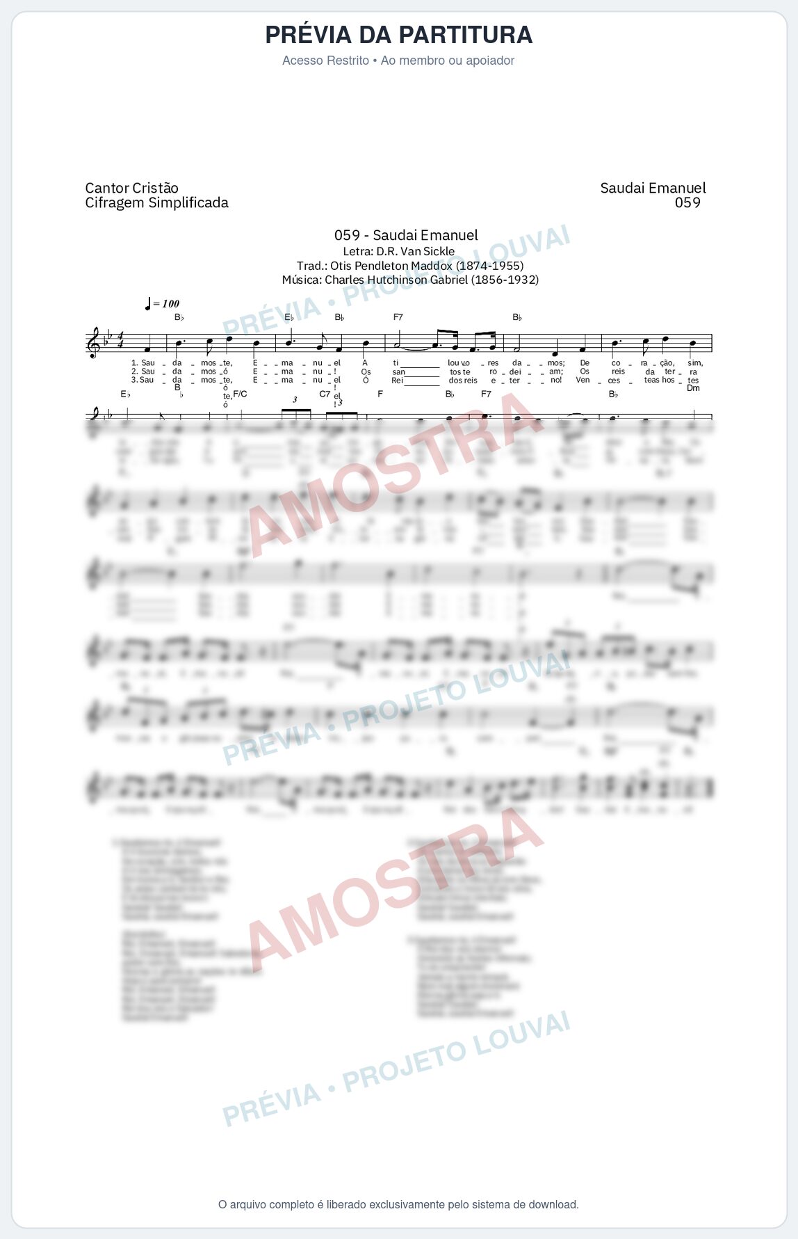 Prévia protegida da primeira página da partitura Partitura da música Saudai Emanuel (Cantor Cristão nº 59) - Cantor Cristão - Tom Bb