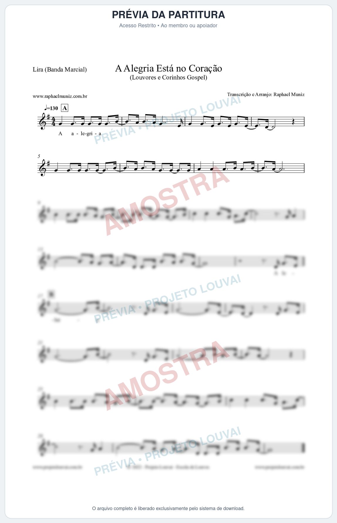 Prévia protegida da primeira página da partitura Partitura para Lira (Banda Marcial) - A Alegria Está no Coração (Versão 2) - Louvores e Corinhos Gospel