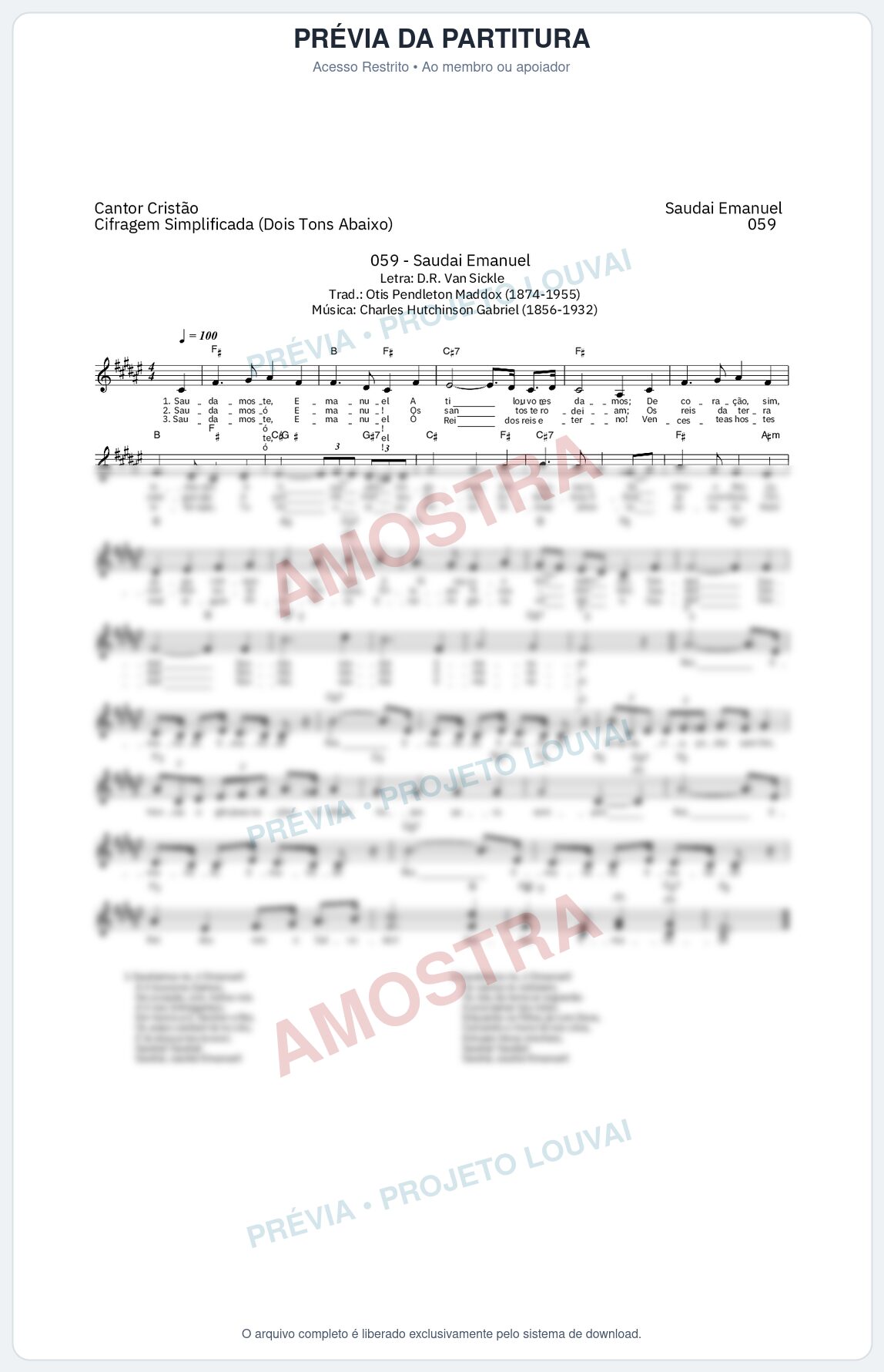 Prévia protegida da primeira página da partitura Partitura da música Saudai Emanuel (Cantor Cristão nº 59) - Cantor Cristão - Tom F#