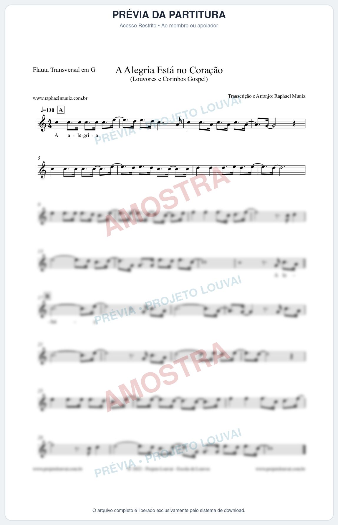 Prévia protegida da primeira página da partitura Partitura para Flauta Transversal em G - A Alegria Está no Coração (Versão 2) - Louvores e Corinhos Gospel