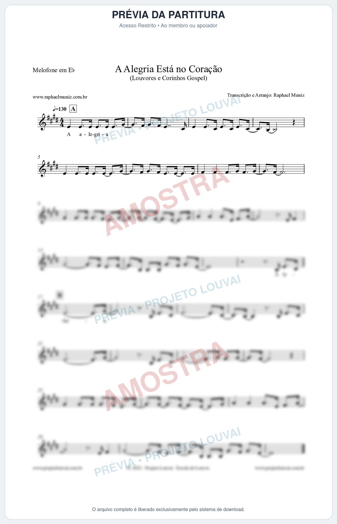 Prévia protegida da primeira página da partitura Partitura para Melofone em Eb - A Alegria Está no Coração (Versão 2) - Louvores e Corinhos Gospel