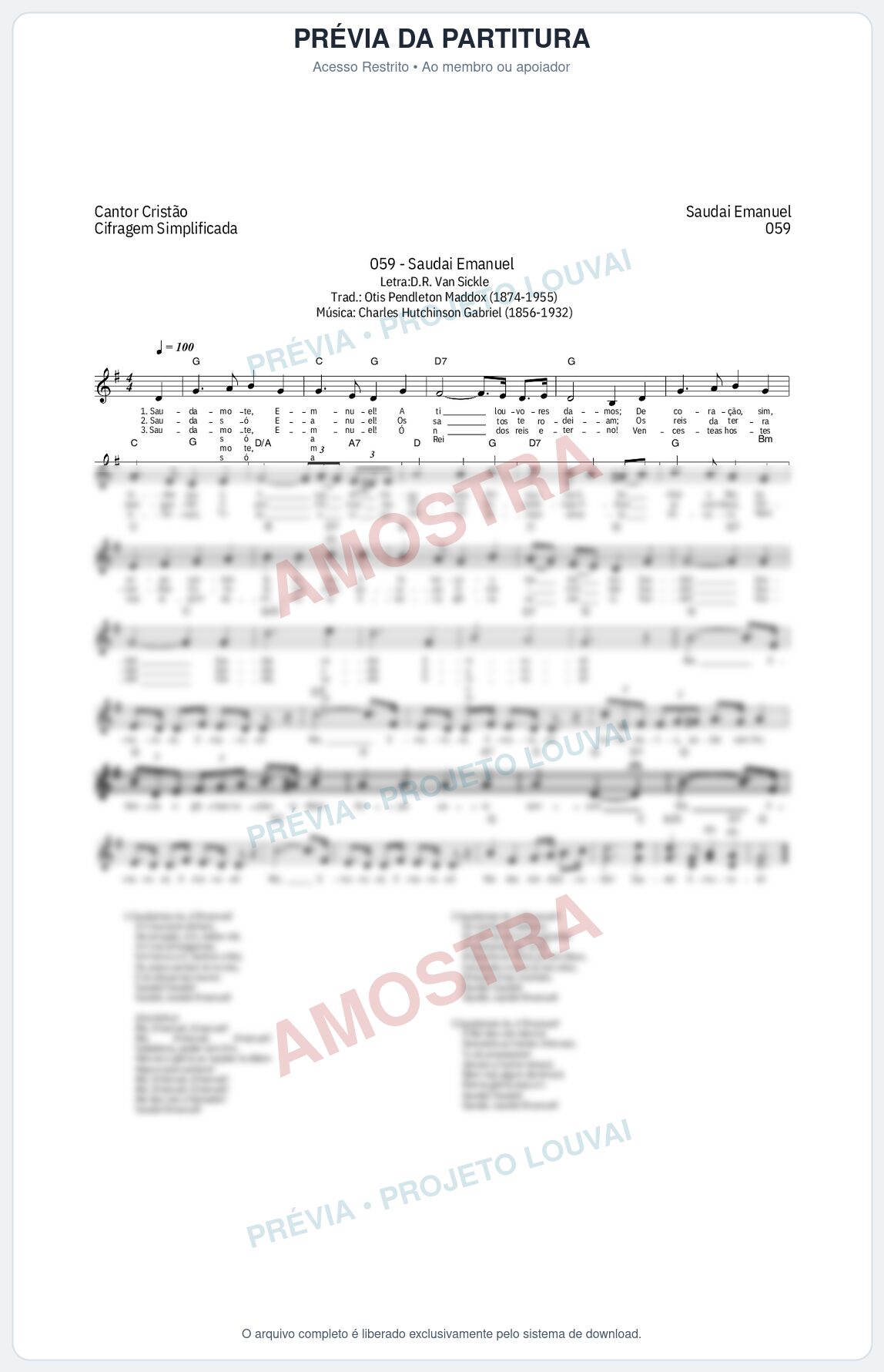 Prévia protegida da primeira página da partitura Partitura da música Saudai Emanuel (Cantor Cristão nº 59) - Cantor Cristão - Tom G