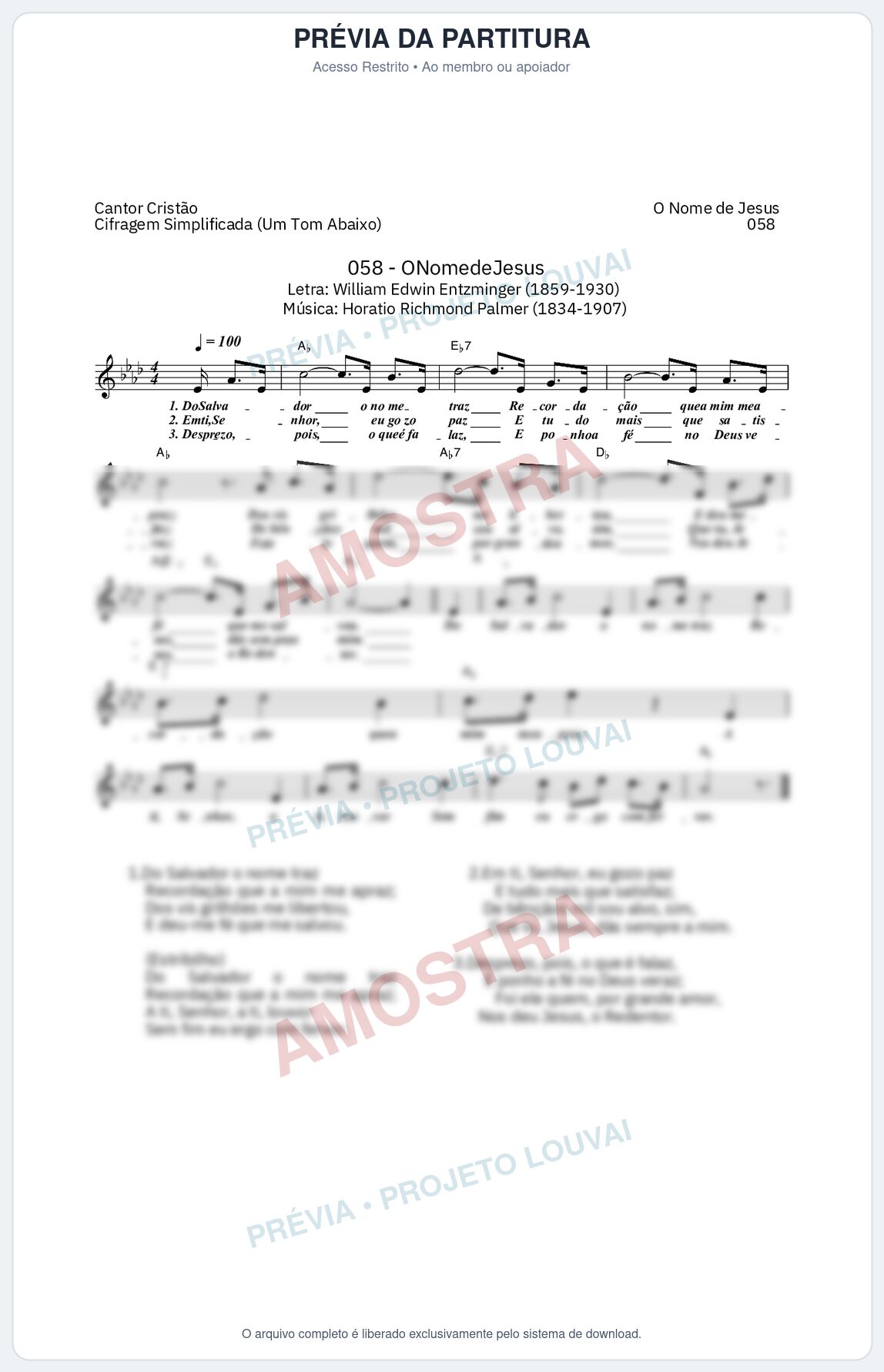 Prévia protegida da primeira página da partitura Partitura da música O Nome de Jesus (Cantor Cristão nº 58) - Cantor Cristão - Tom Ab