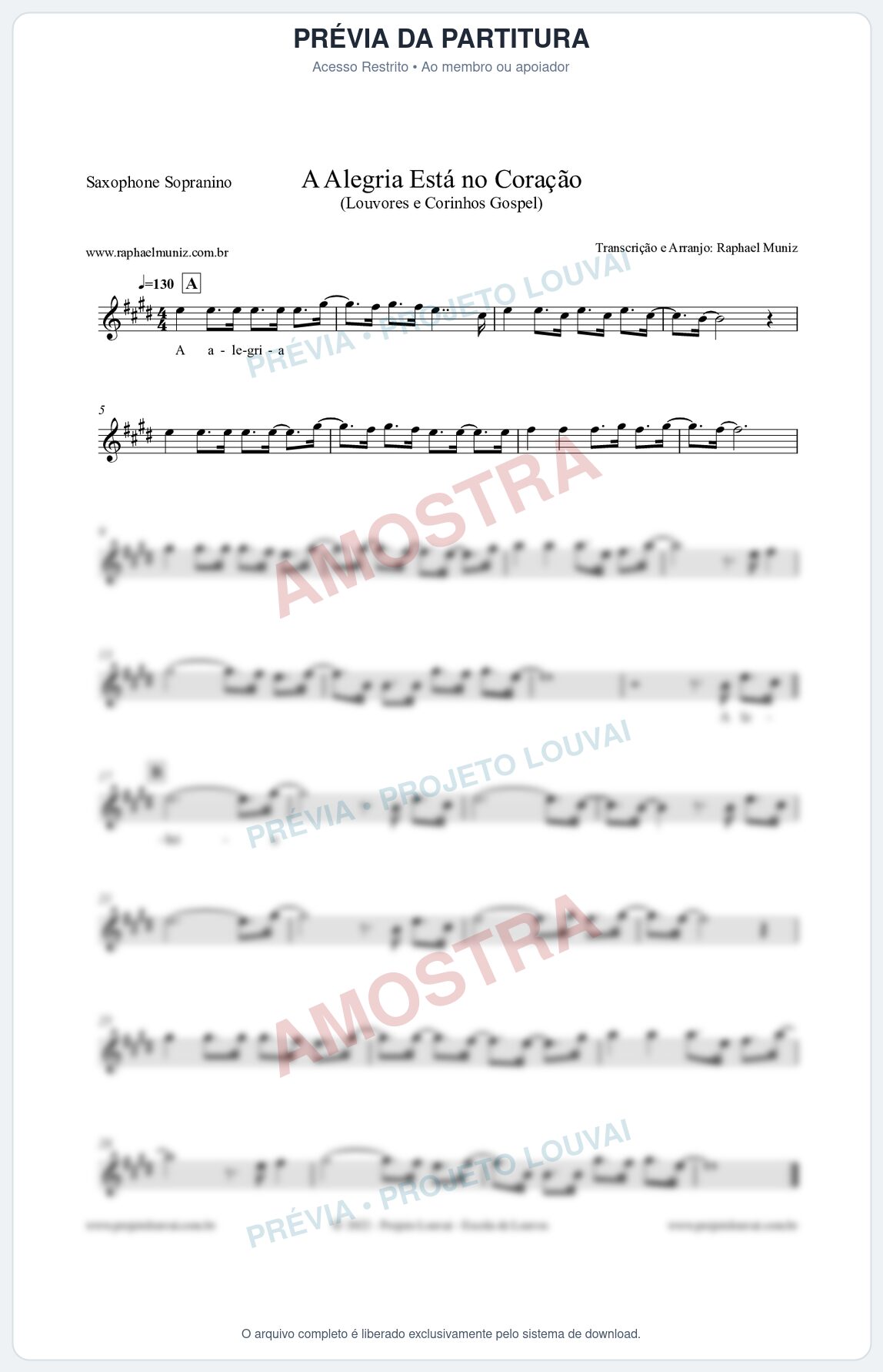 Prévia protegida da primeira página da partitura Partitura para Saxophone Sopranino - A Alegria Está no Coração (Versão 2) - Louvores e Corinhos Gospel