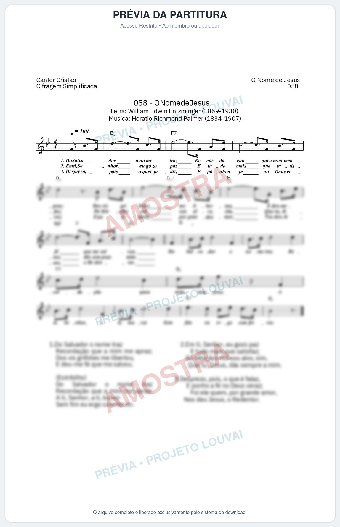 Prévia protegida da primeira página da partitura Partitura da música O Nome de Jesus (Cantor Cristão nº 58) - Cantor Cristão - Tom Bb