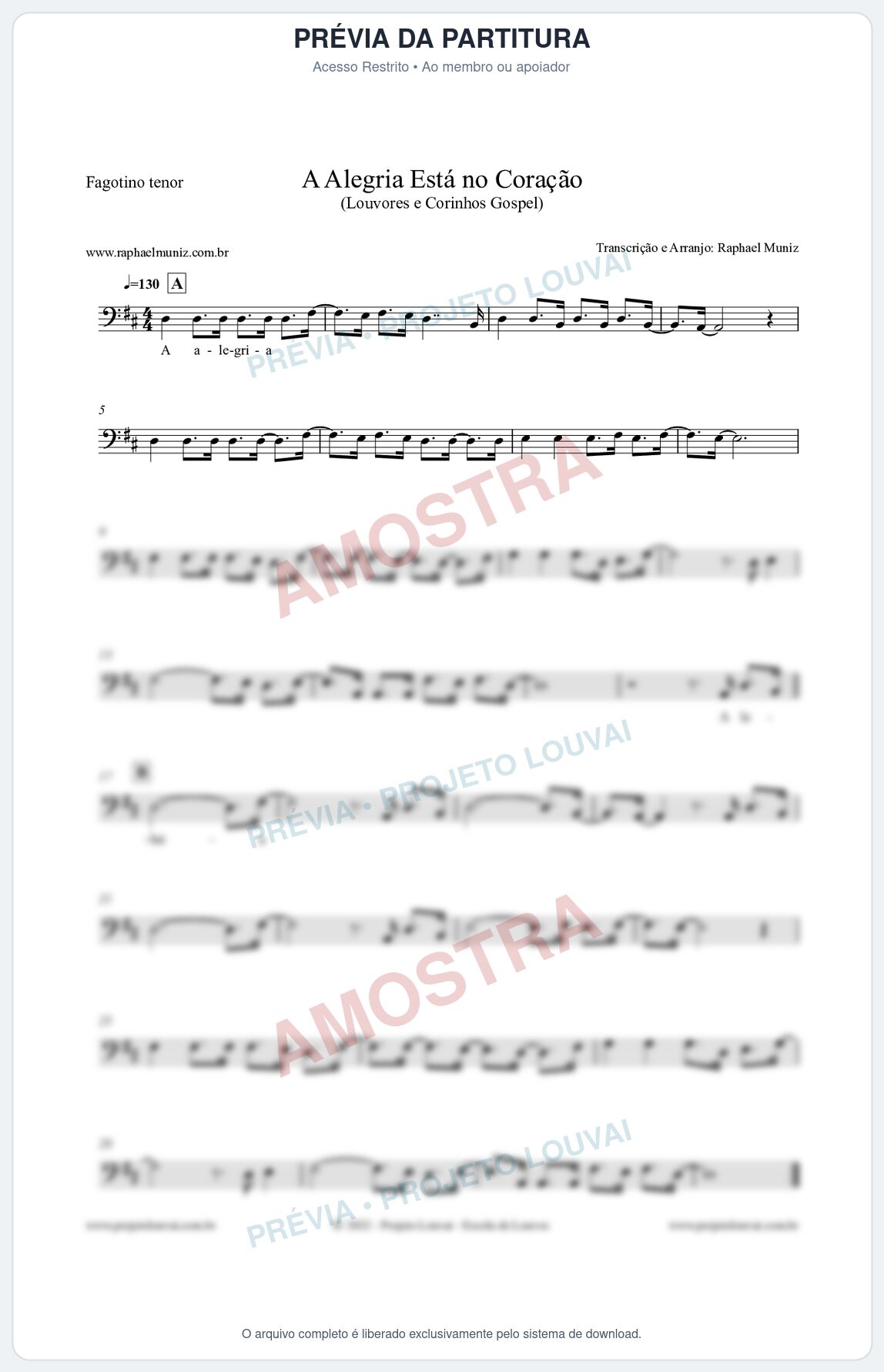 Prévia protegida da primeira página da partitura Partitura para Fagotino tenor - A Alegria Está no Coração (Versão 2) - Louvores e Corinhos Gospel