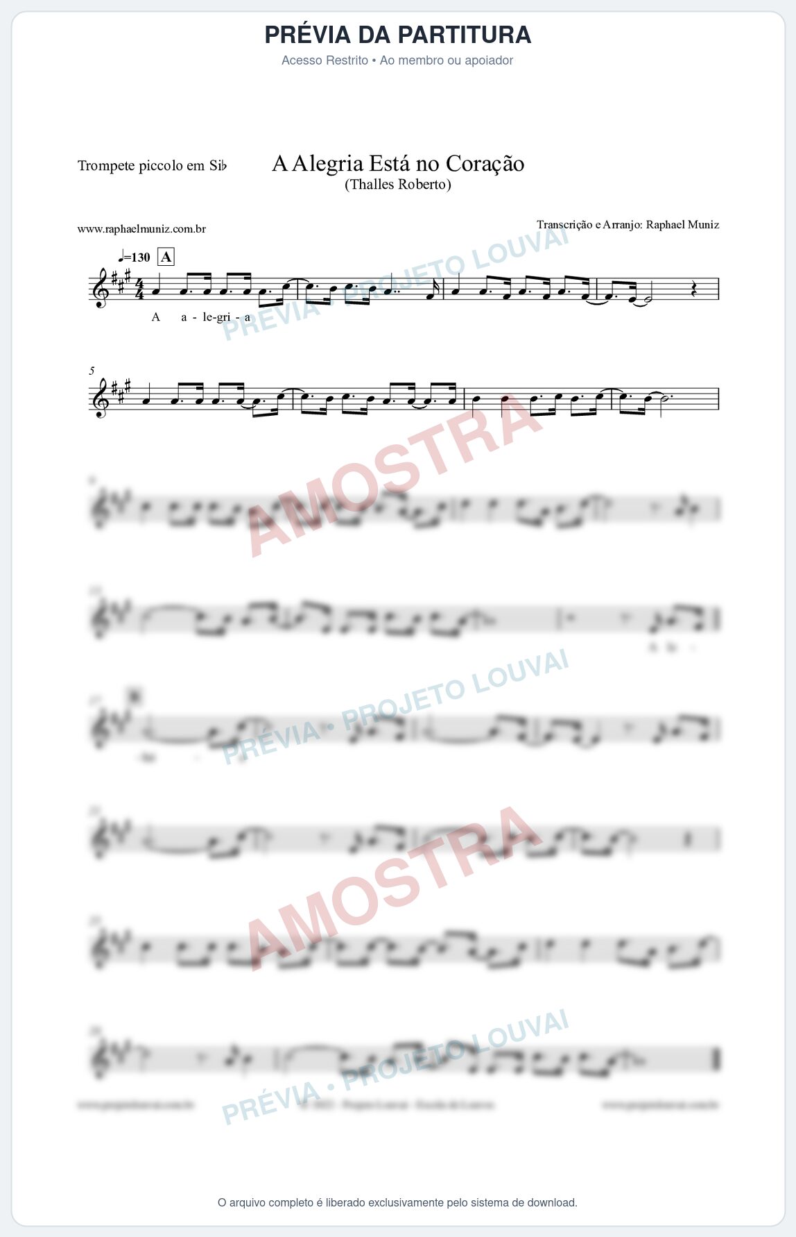 Prévia protegida da primeira página da partitura Partitura para Trompete Piccolo em Sib - A Alegria Está no Coração (Versão 2) - Louvores e Corinhos Gospel